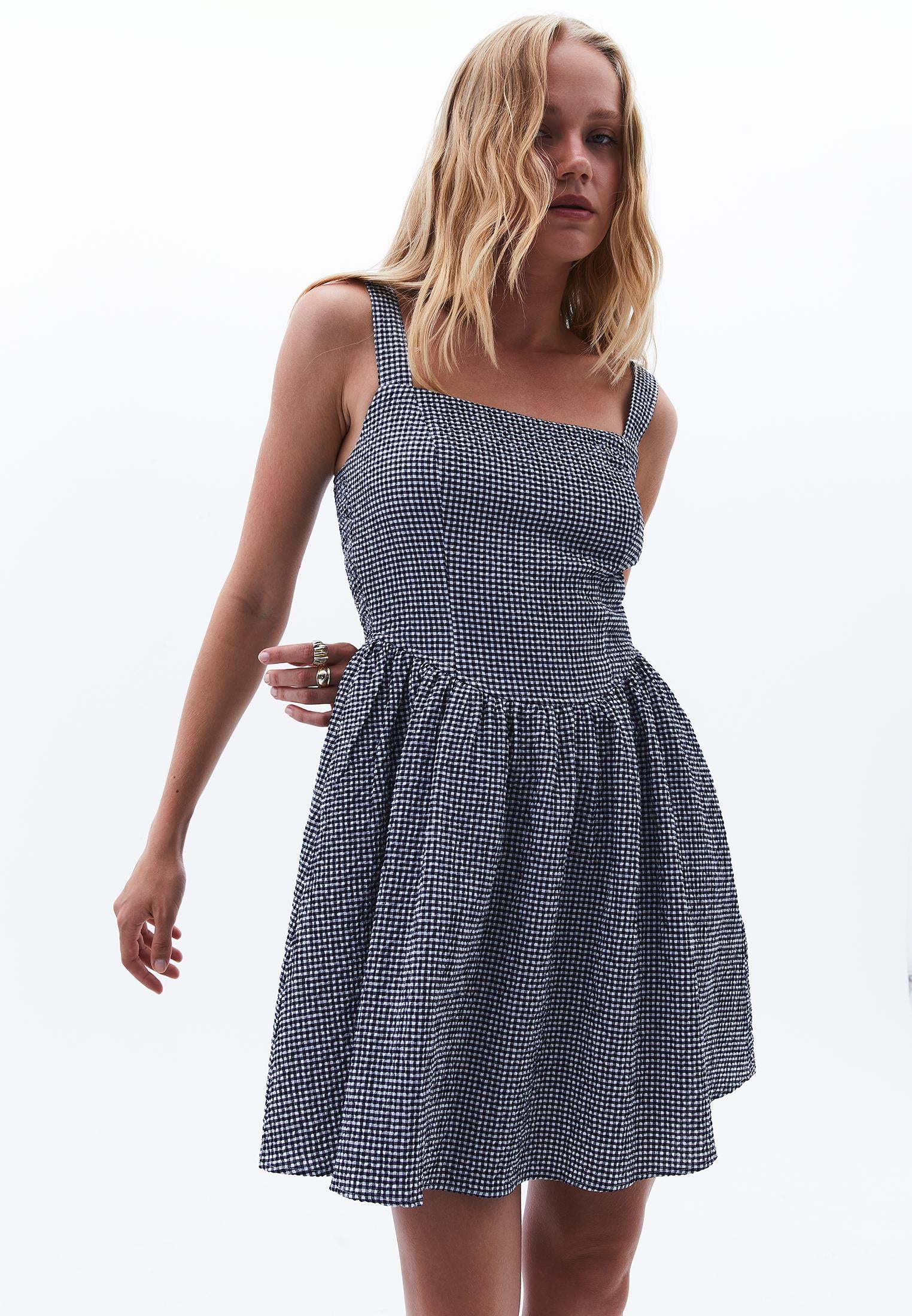 Sleeveless Square Neck Dress - BLUE VICHY COMB
