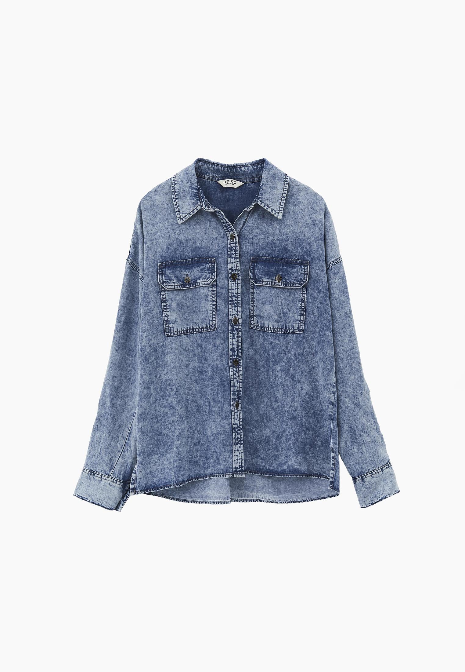Shirt Collar Long Sleeve Shirt - BLUE WASH DENIM