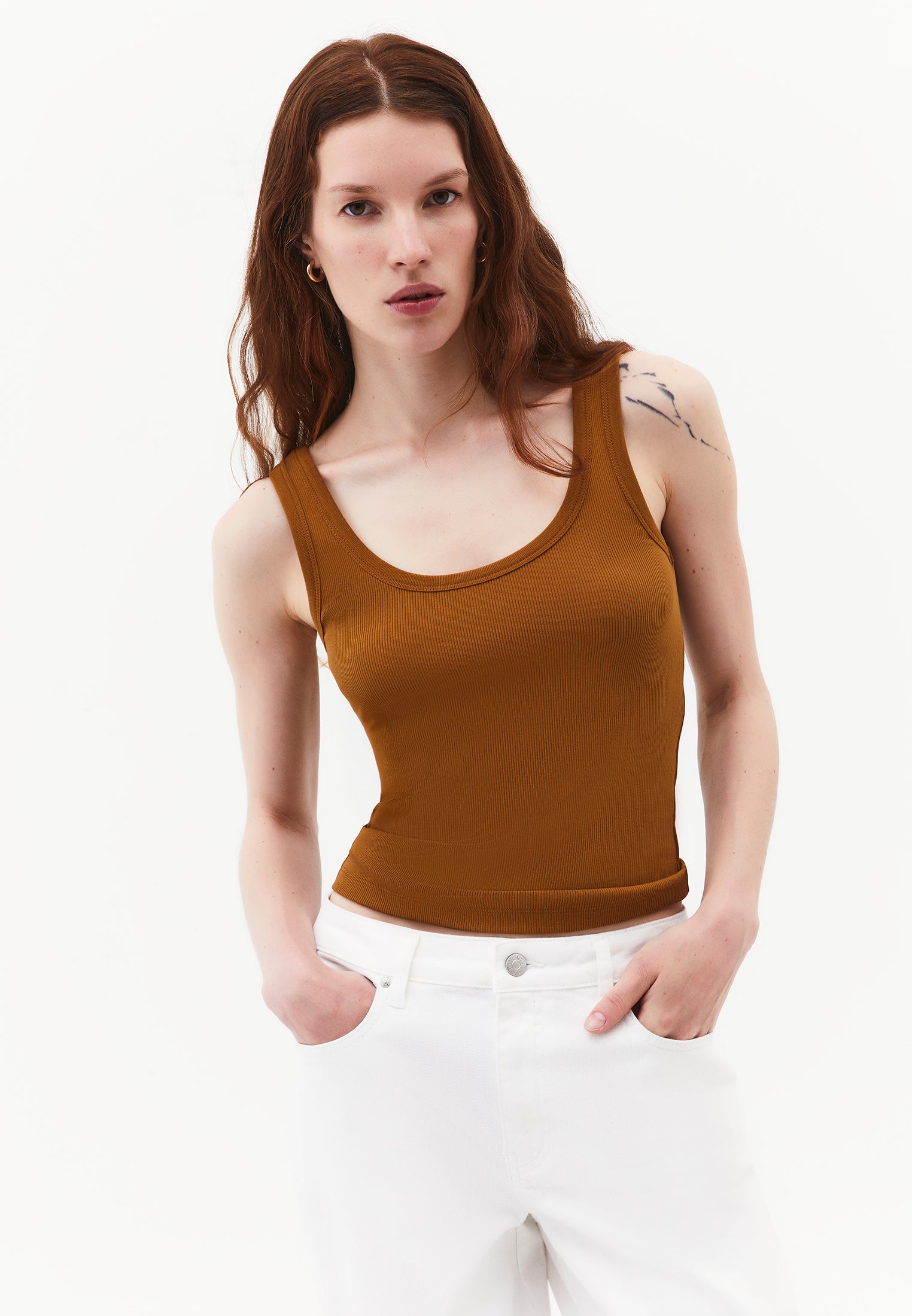U Neck Bodycon Ribbed Tank Top - BRONZE BROWN