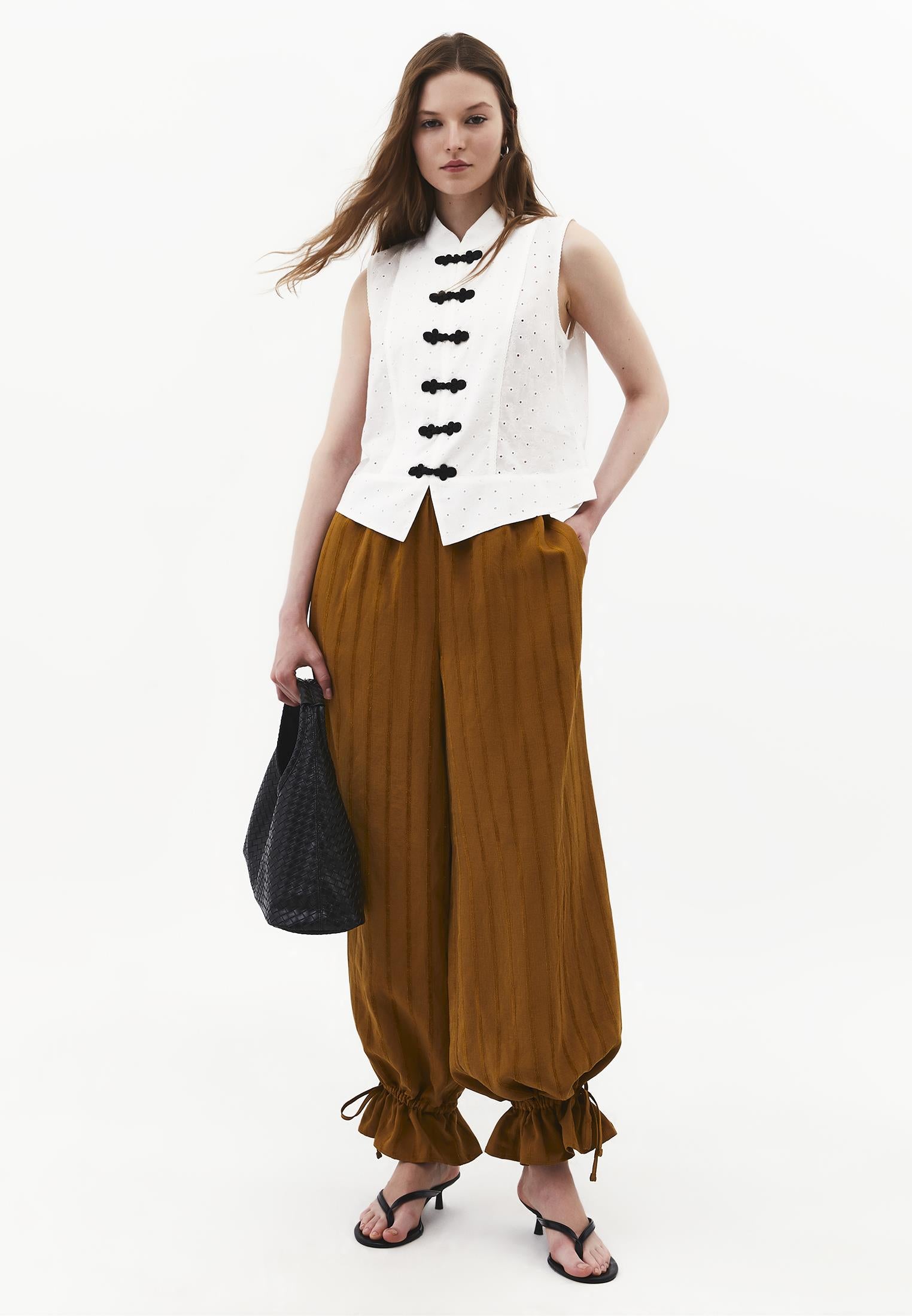 Tie-Waist High Rise Jogger Pants - BRONZE BROWN