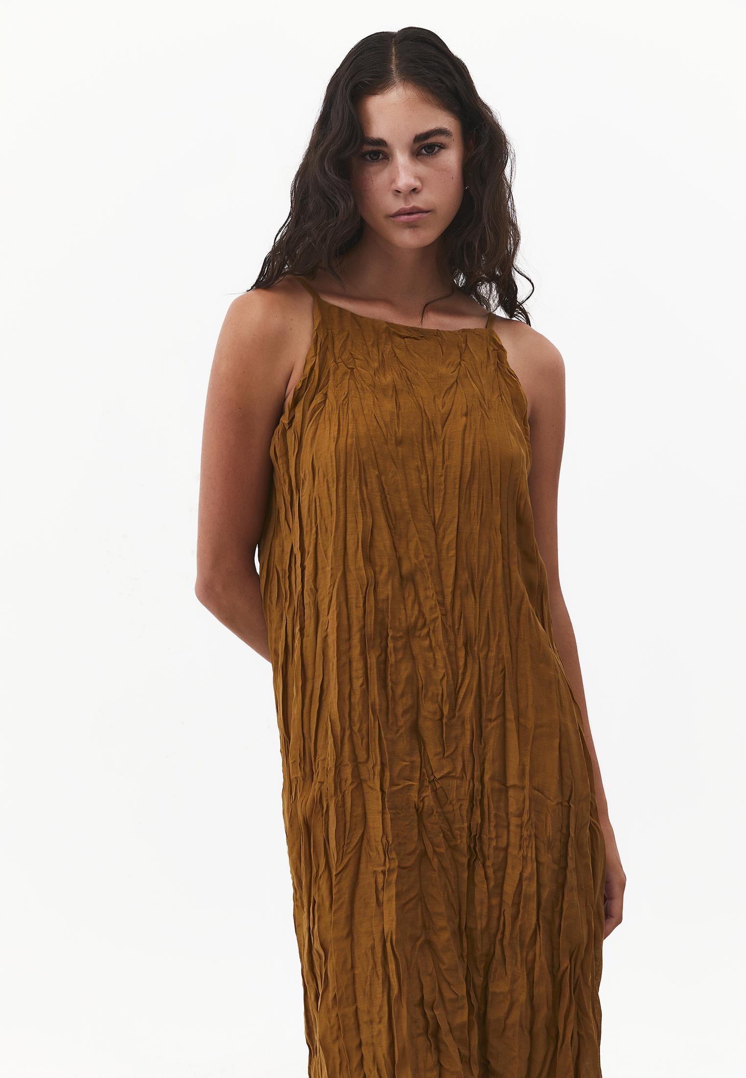 Long A-Line Dress with Halter Neck - BRONZE BROWN