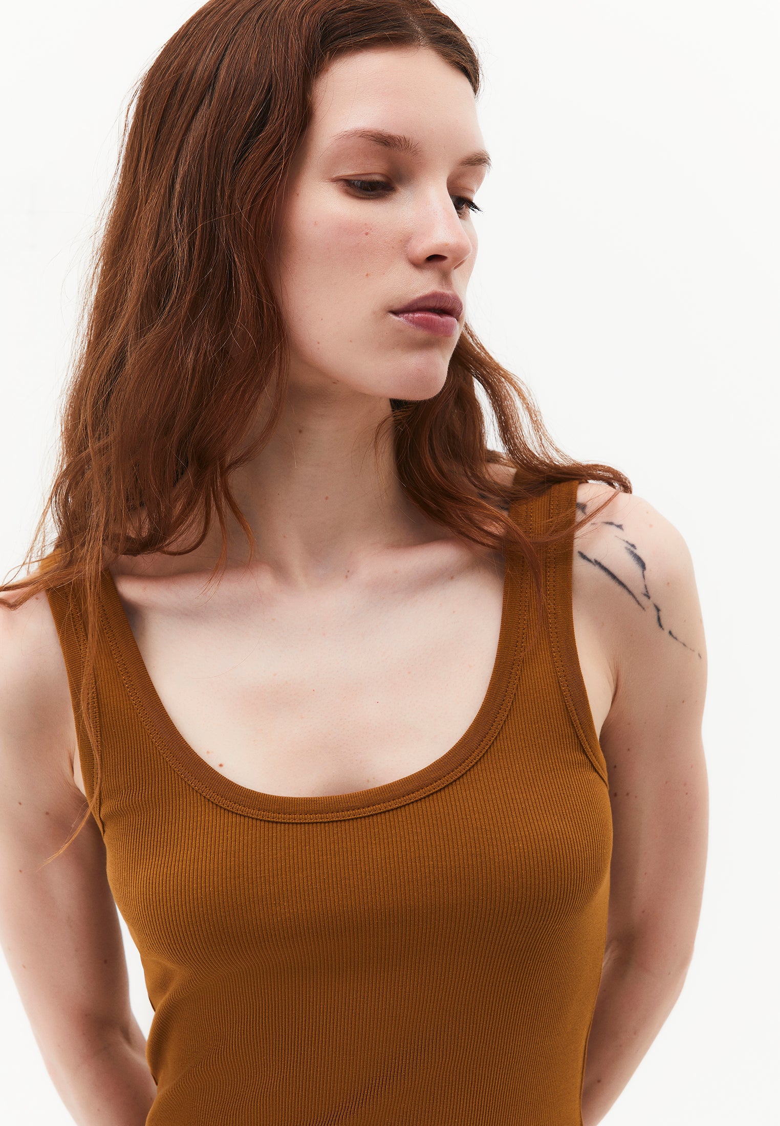 U Neck Bodycon Ribbed Tank Top - BRONZE BROWN