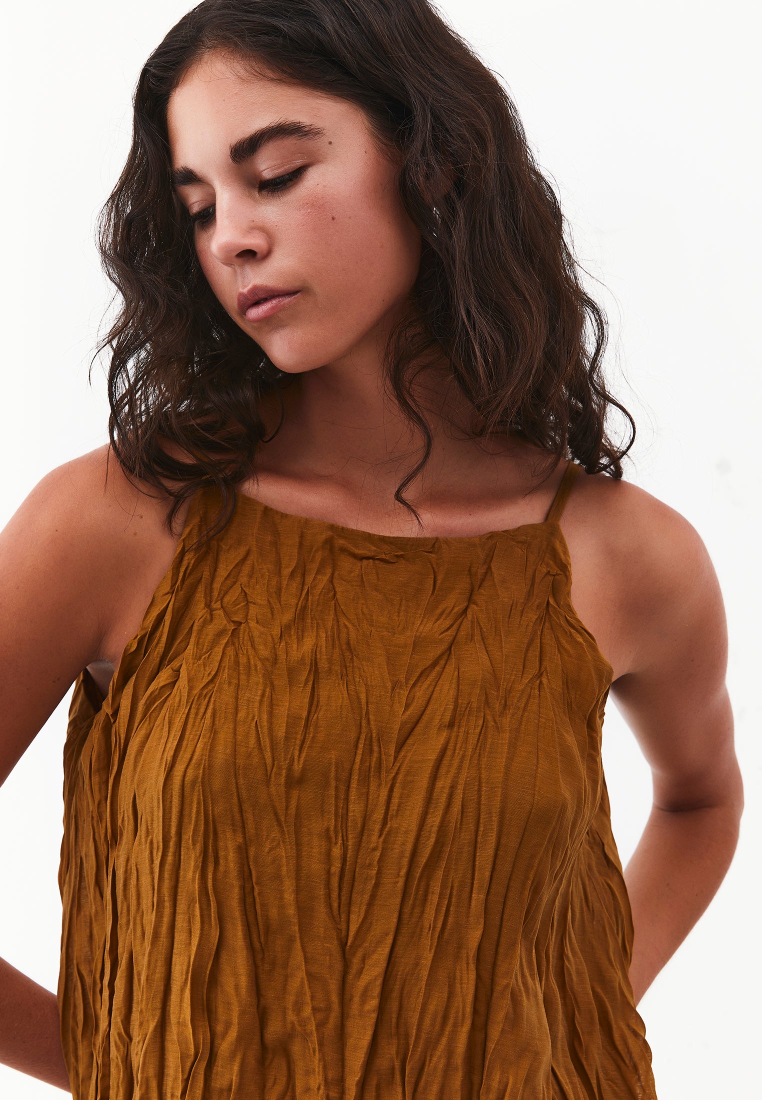 Long A-Line Dress with Halter Neck - BRONZE BROWN