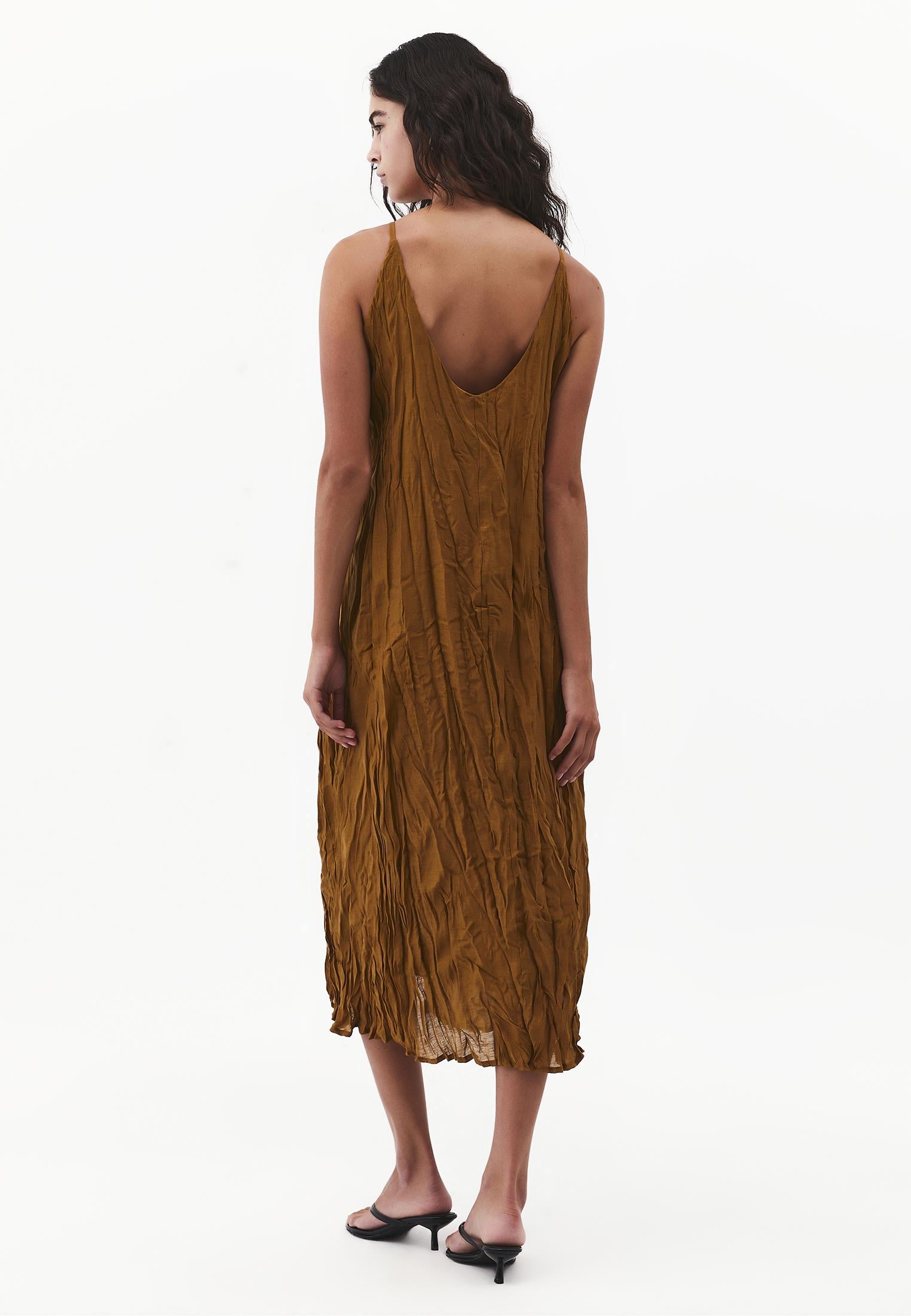 Long A-Line Dress with Halter Neck - BRONZE BROWN