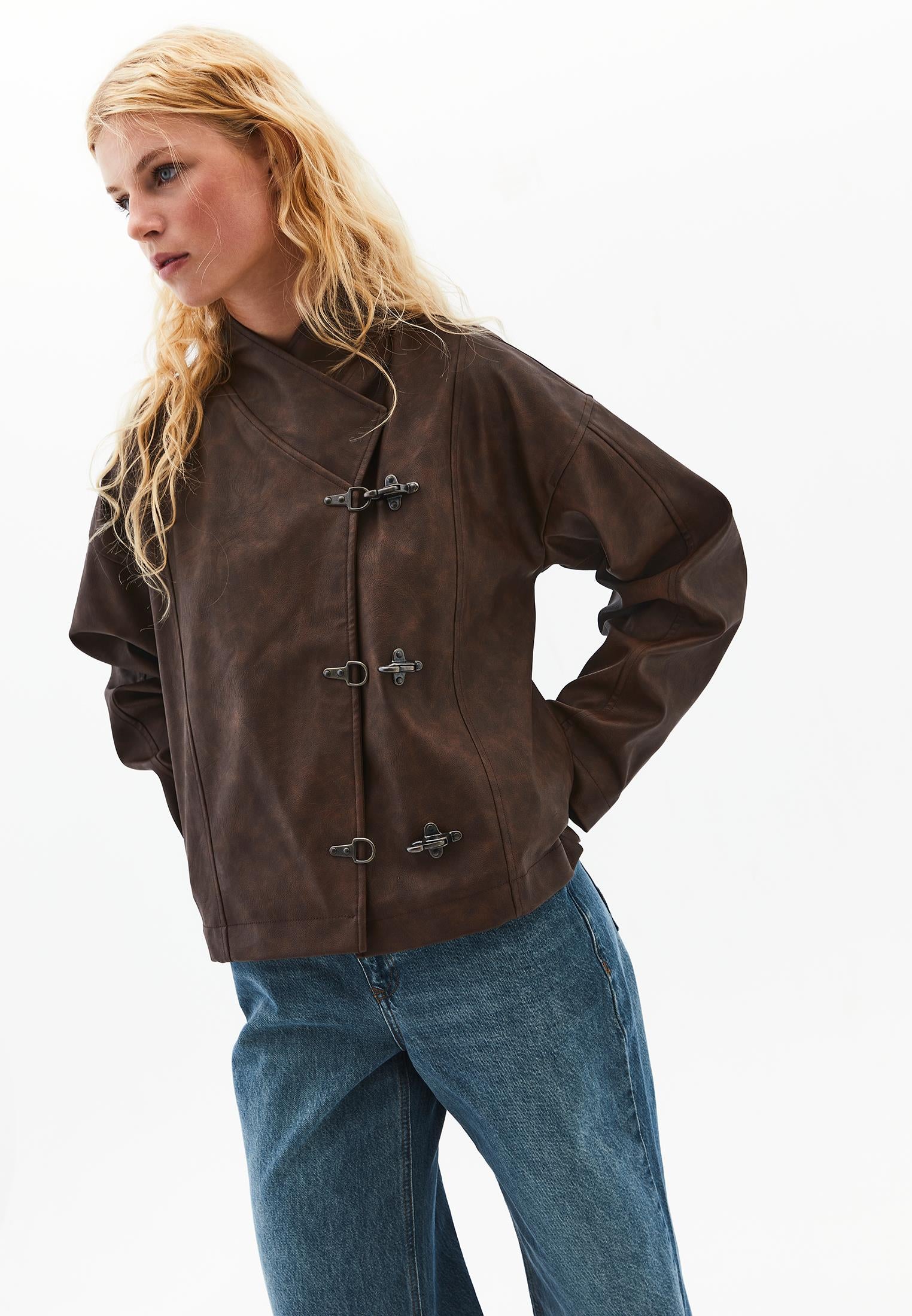 Shawl Collar Leather Jacket - BRUNETTE