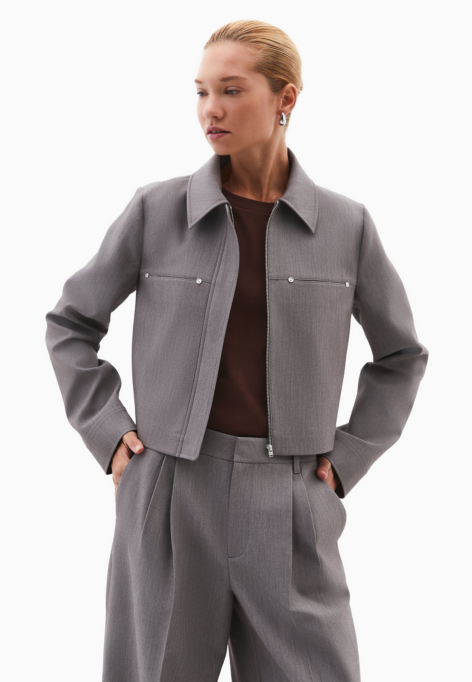 Short Jacket With Shirt Collar - BRUSHED NICKEL