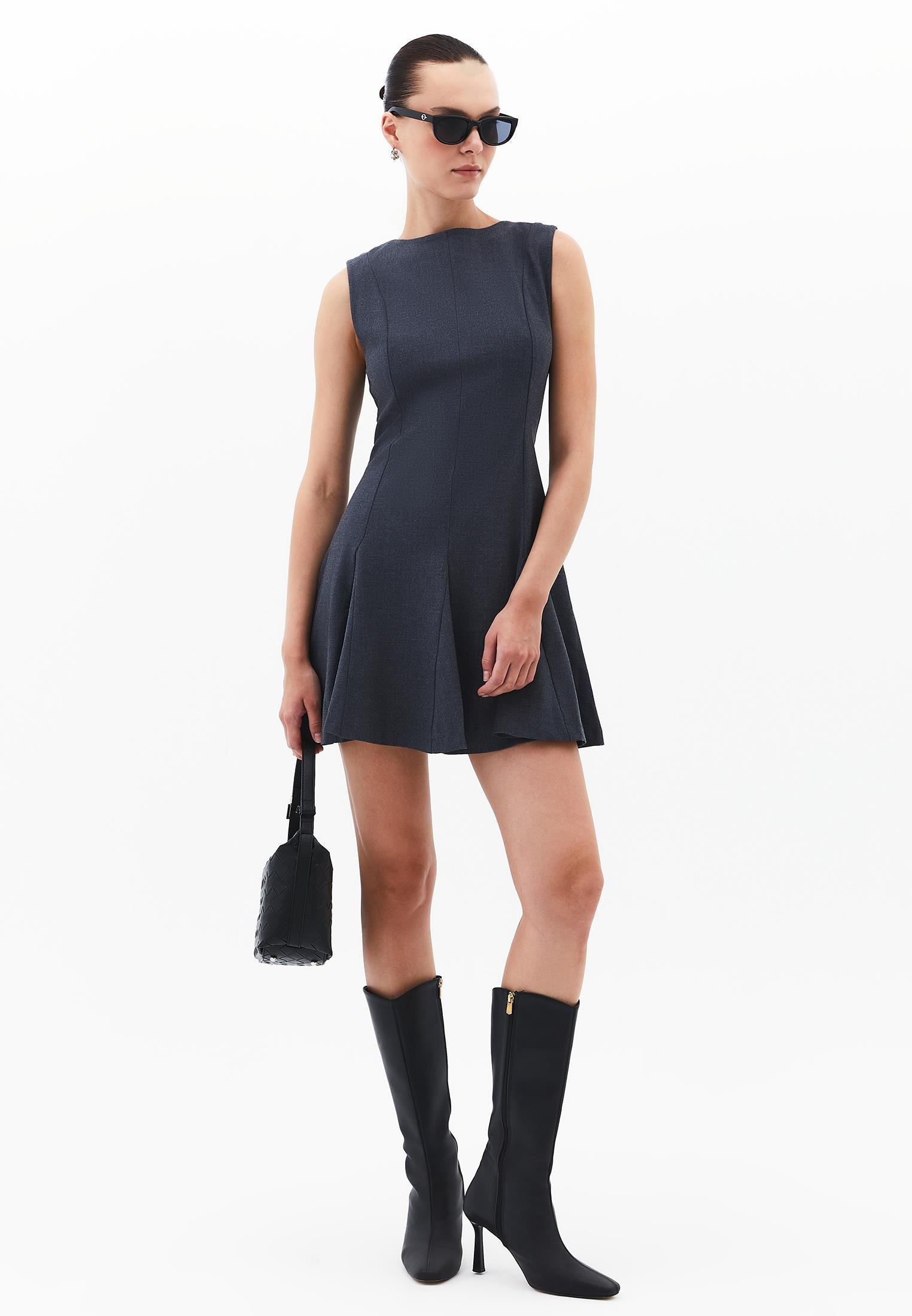 Sleeveless Short Dress With Crew Neck - BRUSHED NICKEL