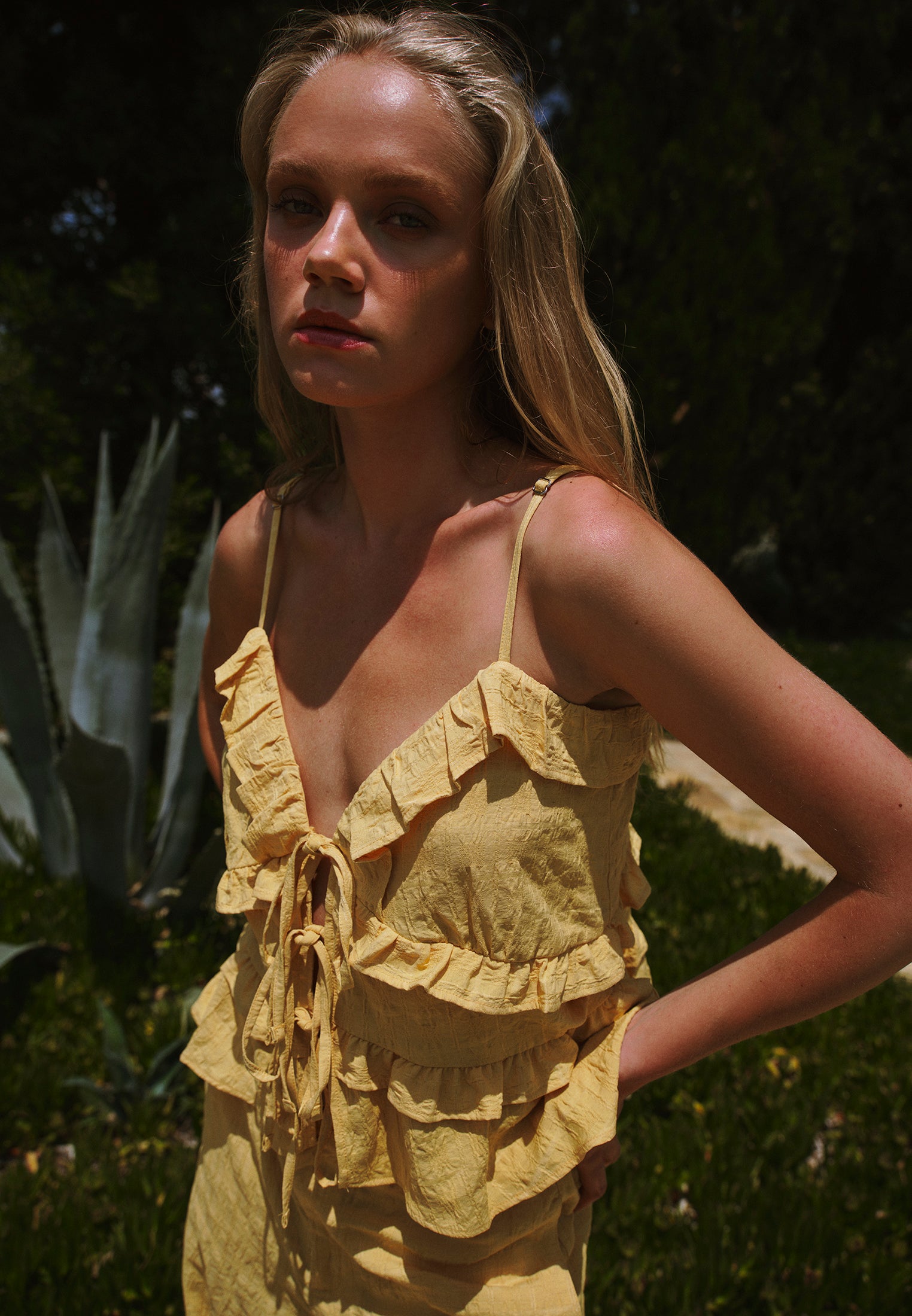 Jacquard V Neck Blouse - BUFF YELLOW