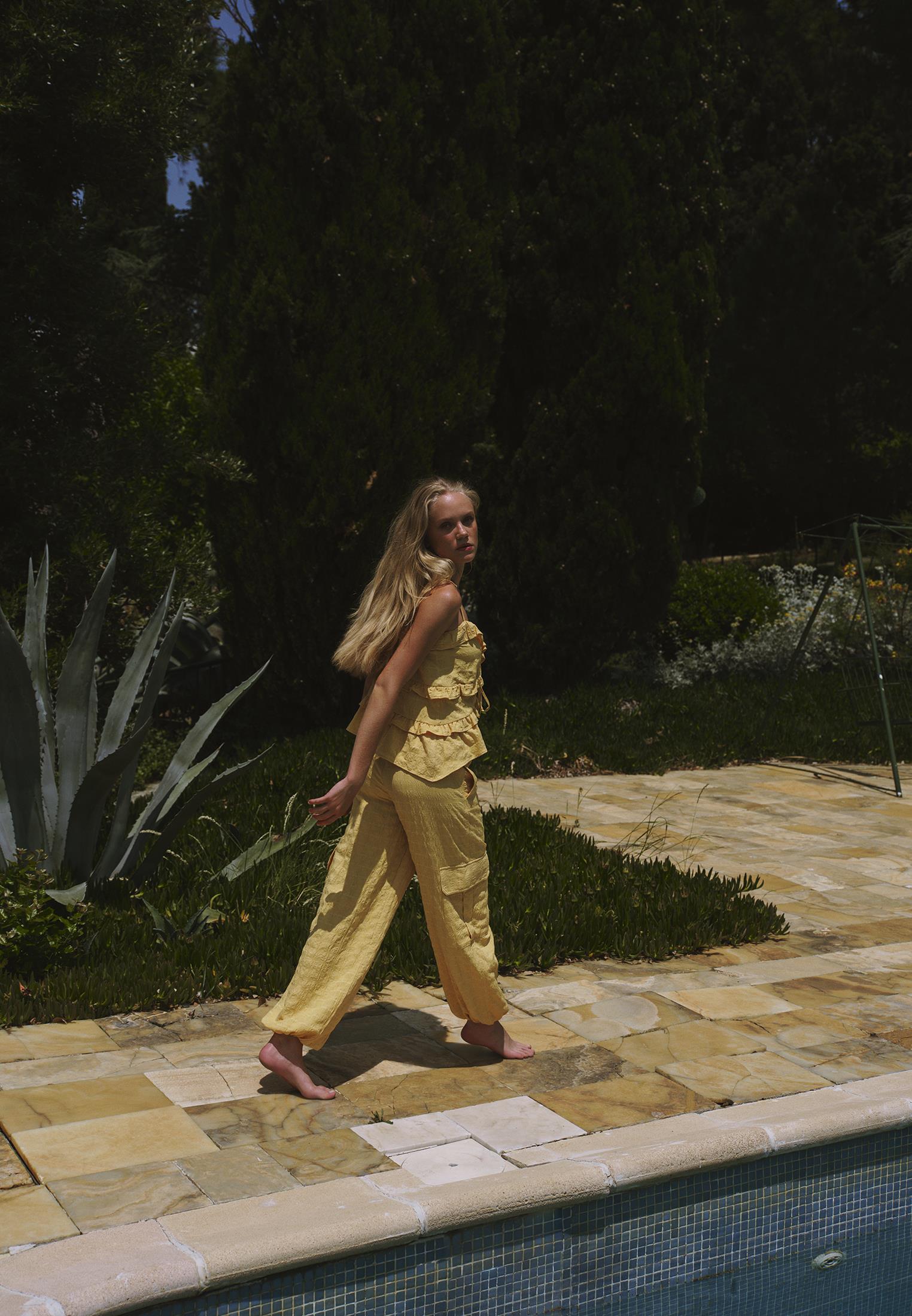 High Waist Jacquard Trousers - BUFF YELLOW