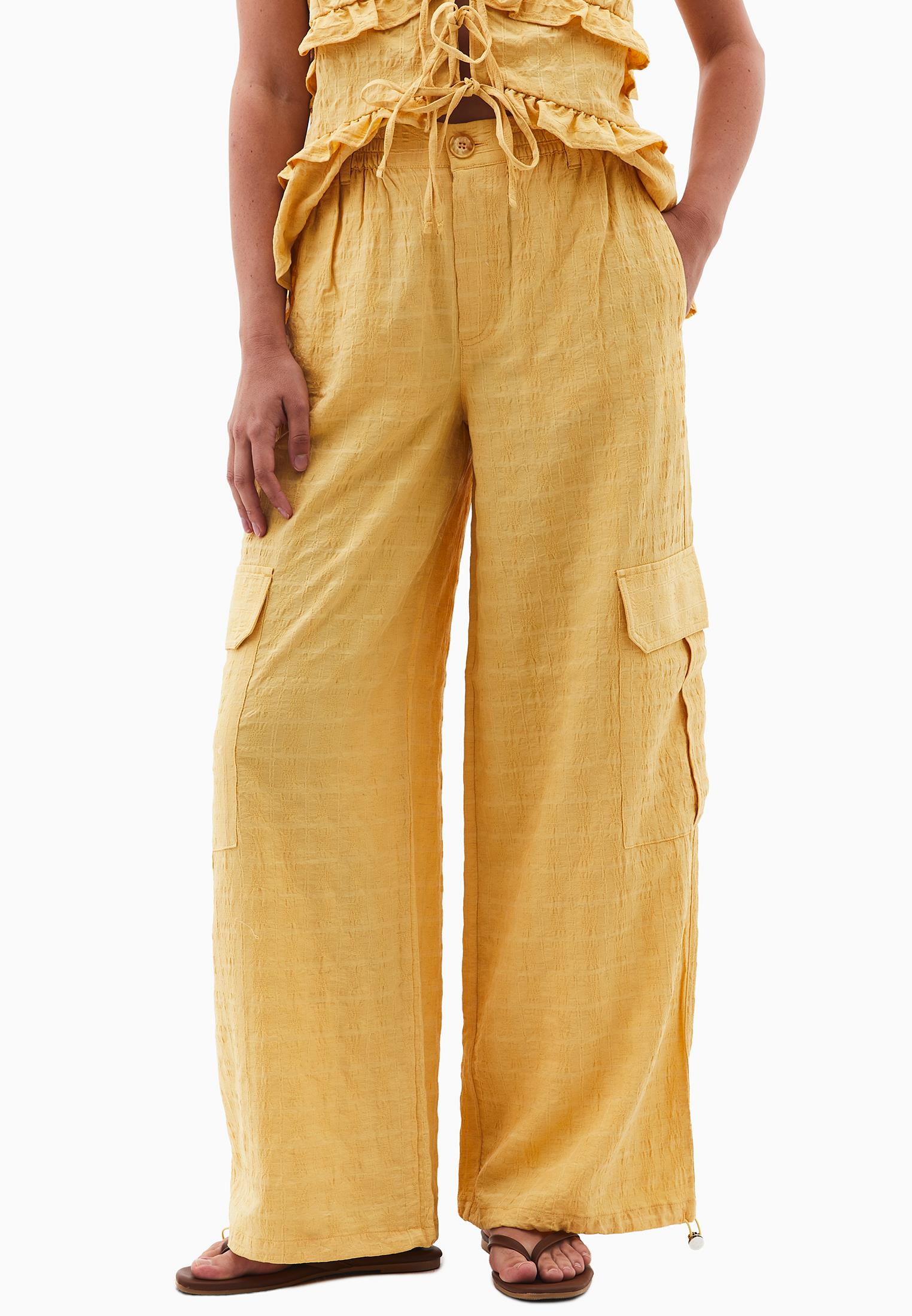 High Waist Jacquard Trousers - BUFF YELLOW