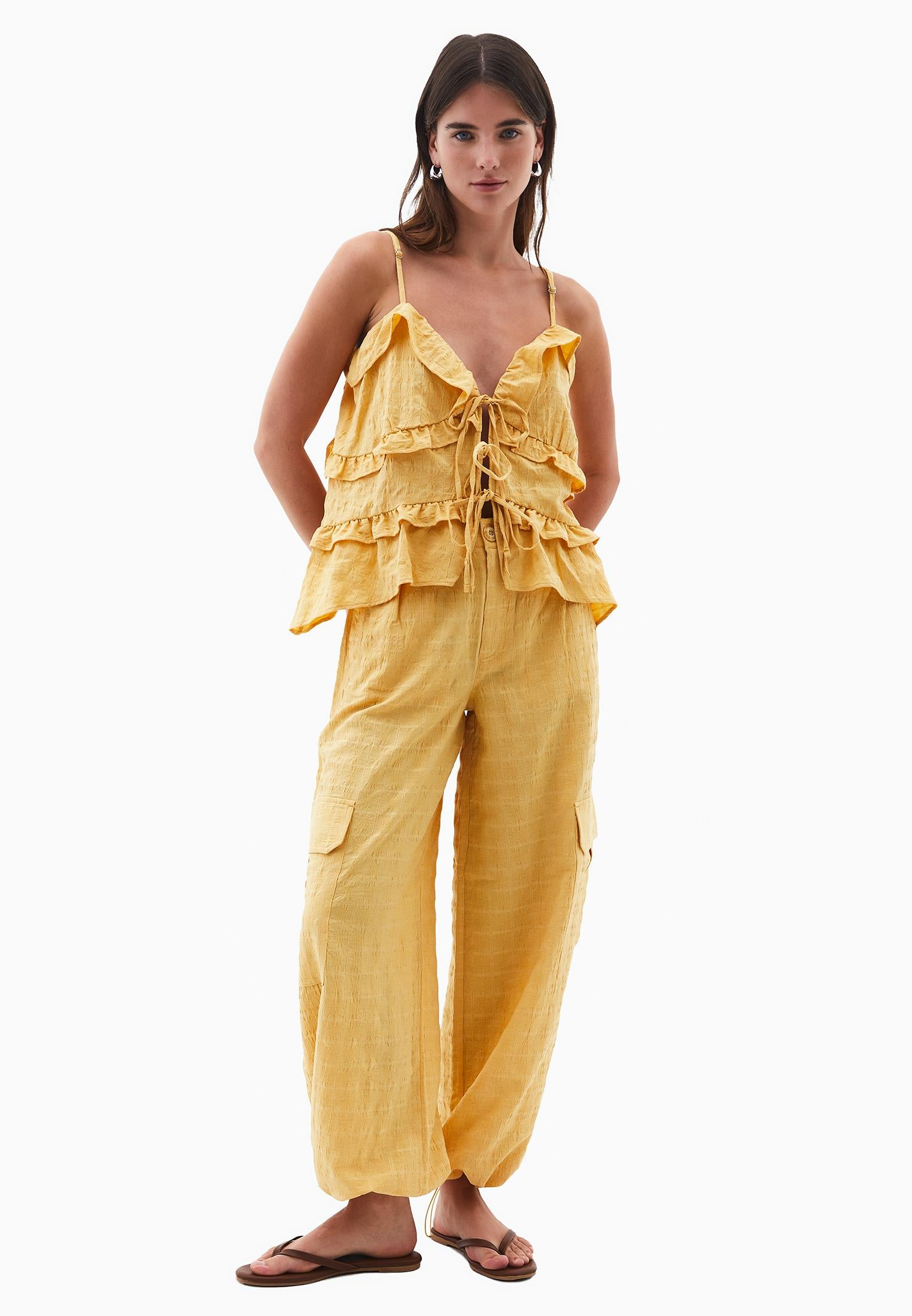 Jacquard V Neck Blouse - BUFF YELLOW
