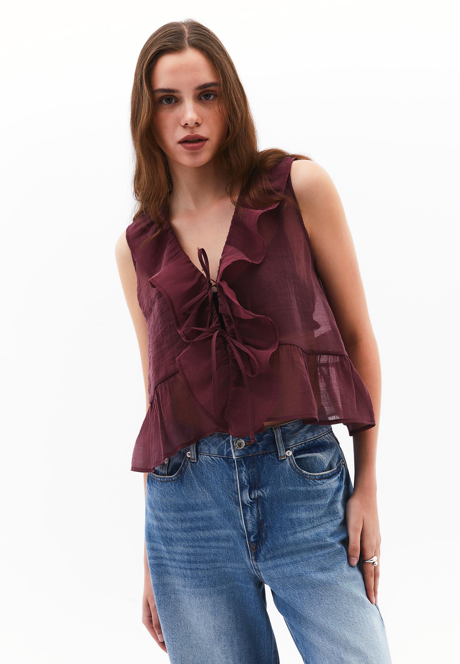 V-Neck Frilled Blouse - BURGUNDY
