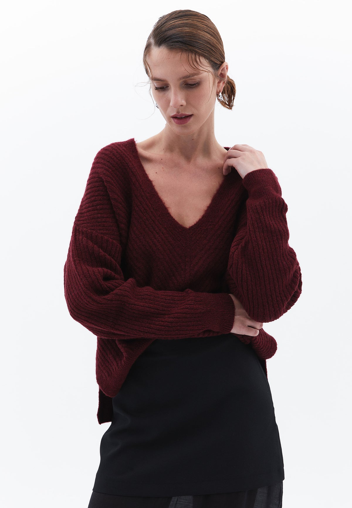 V Neck Long Sleeve Sweater - BURGUNDY