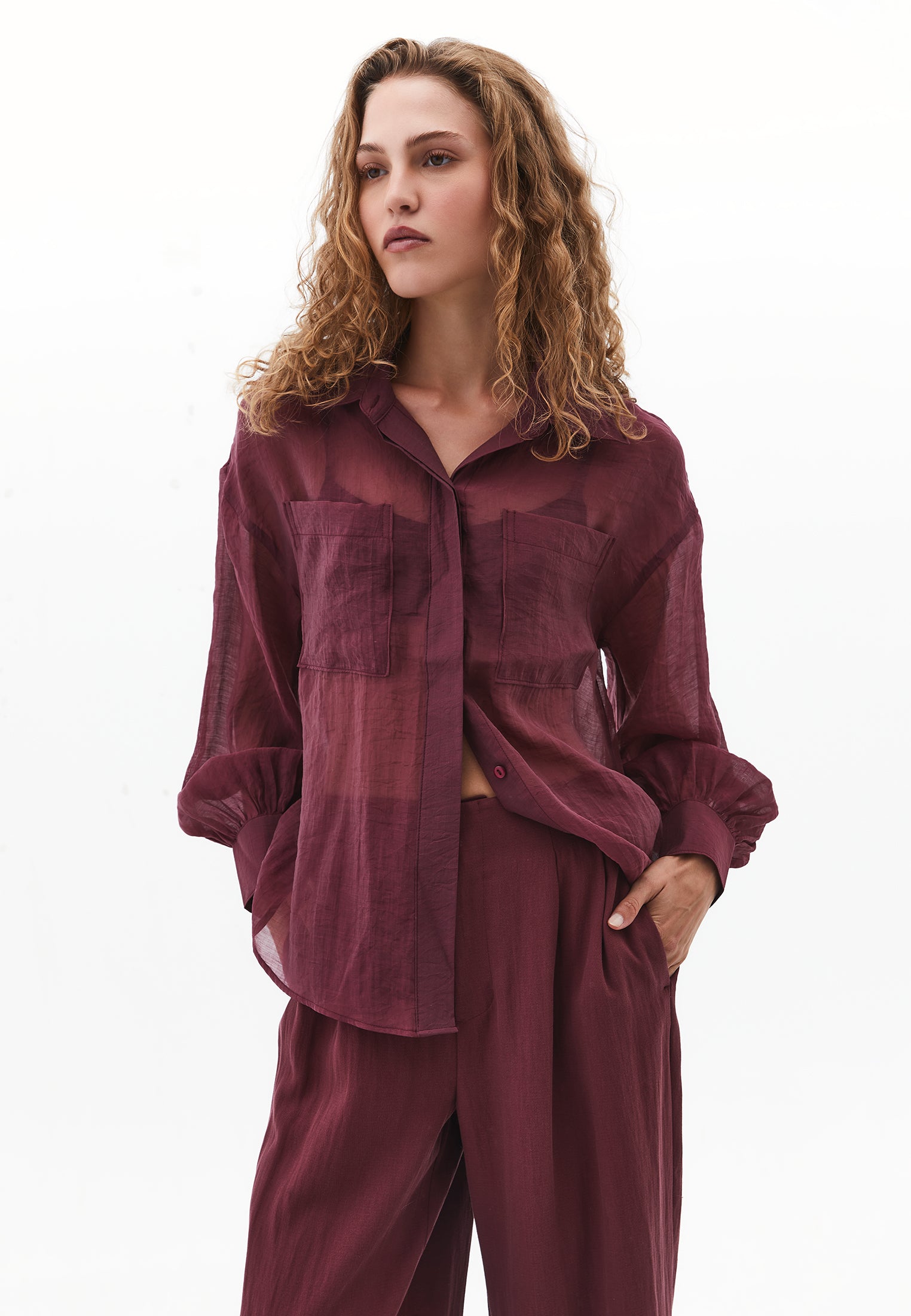 Loose Shirt With Balloon Sleeves And Pocket Detail - BURGUNDY