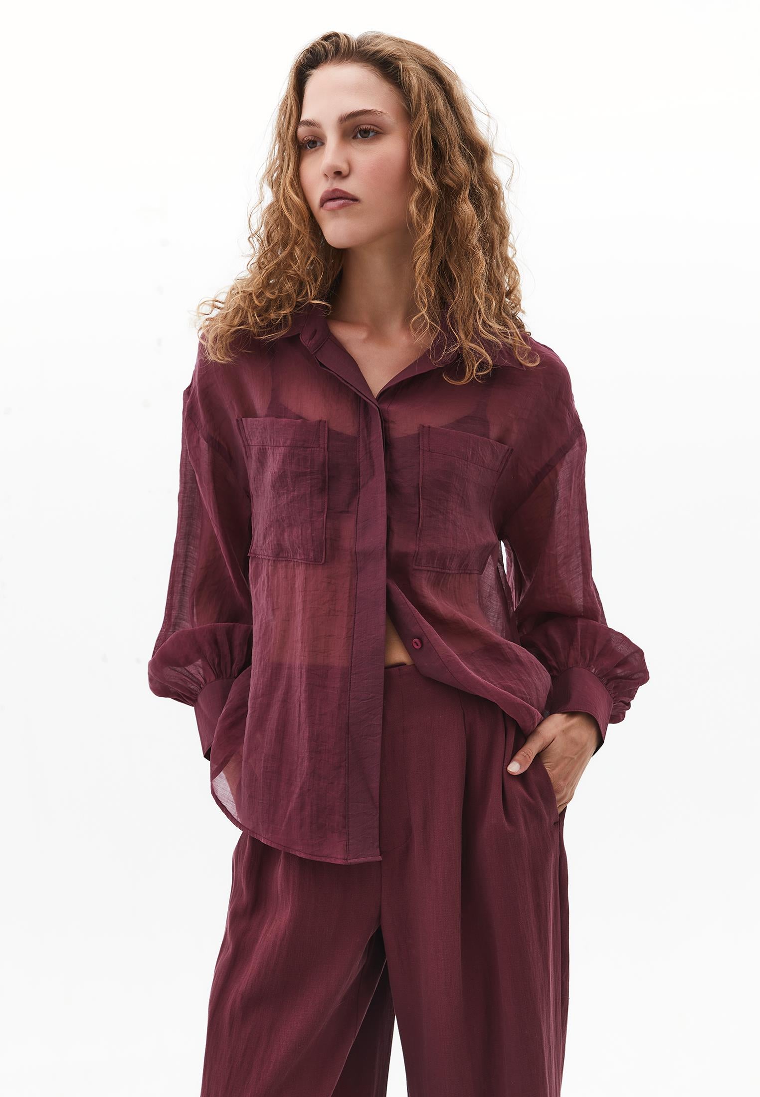 Loose Shirt With Balloon Sleeves And Pocket Detail - BURGUNDY