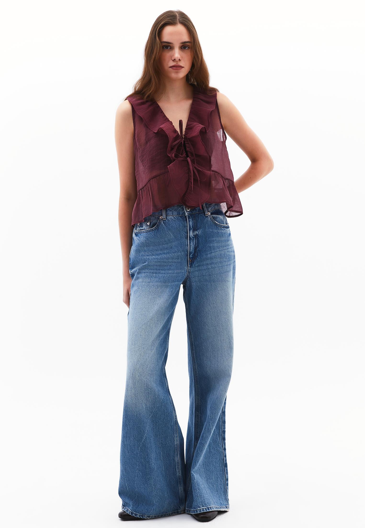V-Neck Frilled Blouse - BURGUNDY