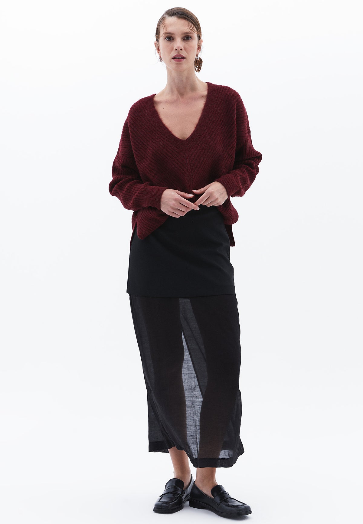 V Neck Long Sleeve Sweater - BURGUNDY