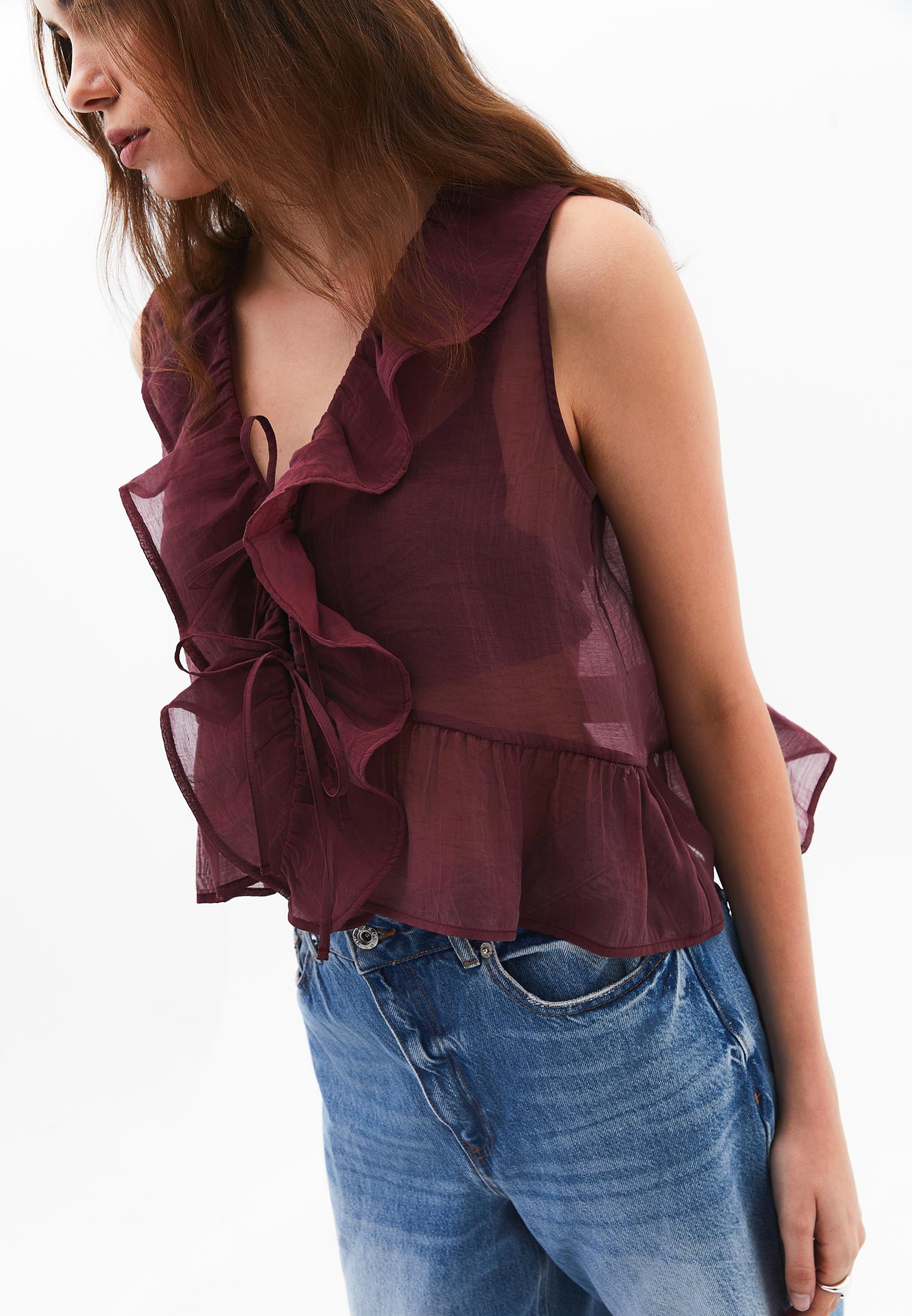 V-Neck Frilled Blouse - BURGUNDY