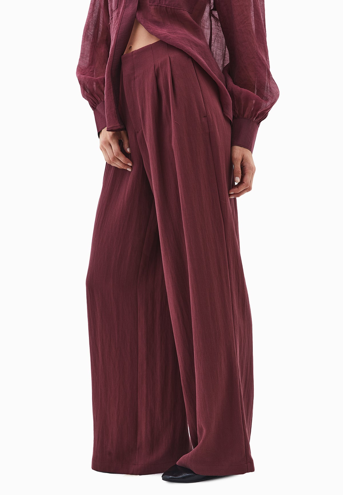 Pleated Wide Leg Pants - BURGUNDY