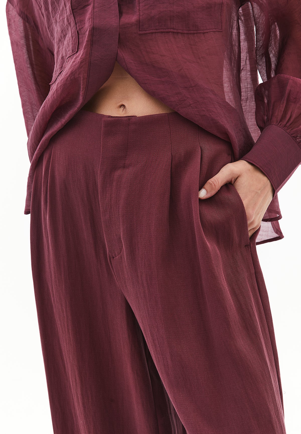 Pleated Wide Leg Pants - BURGUNDY