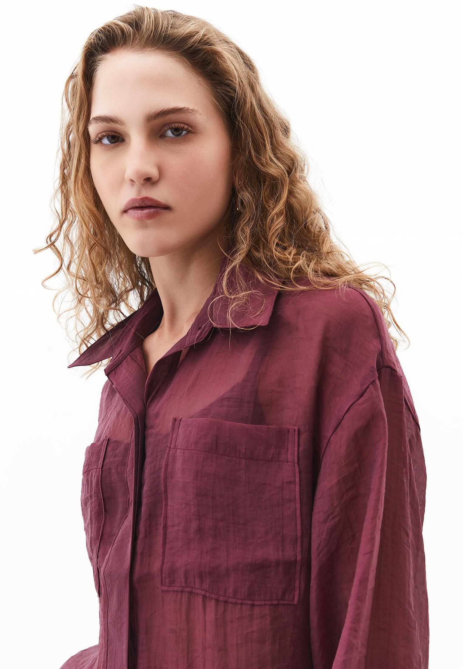 Loose Shirt With Balloon Sleeves And Pocket Detail - BURGUNDY