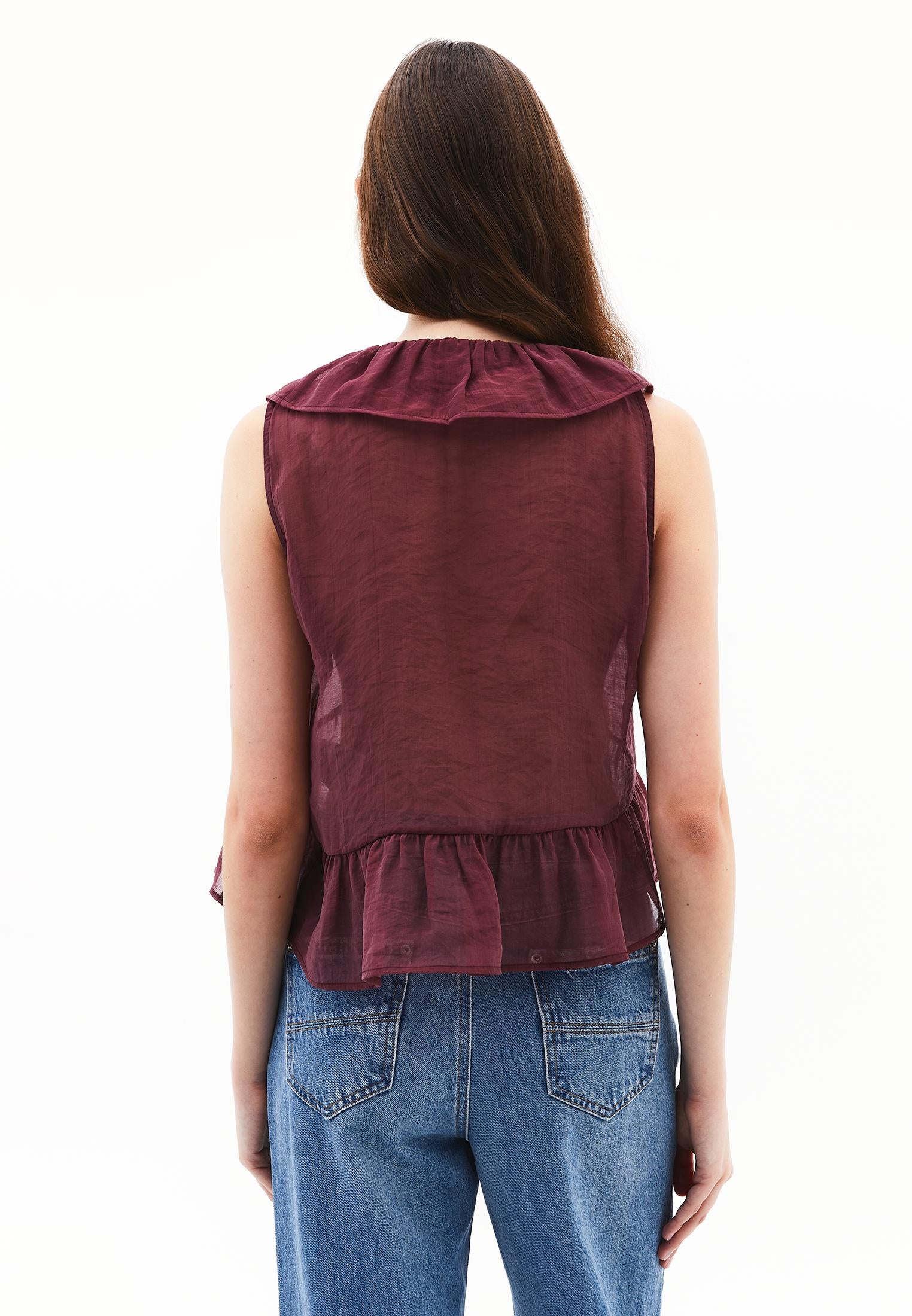 V-Neck Frilled Blouse - BURGUNDY