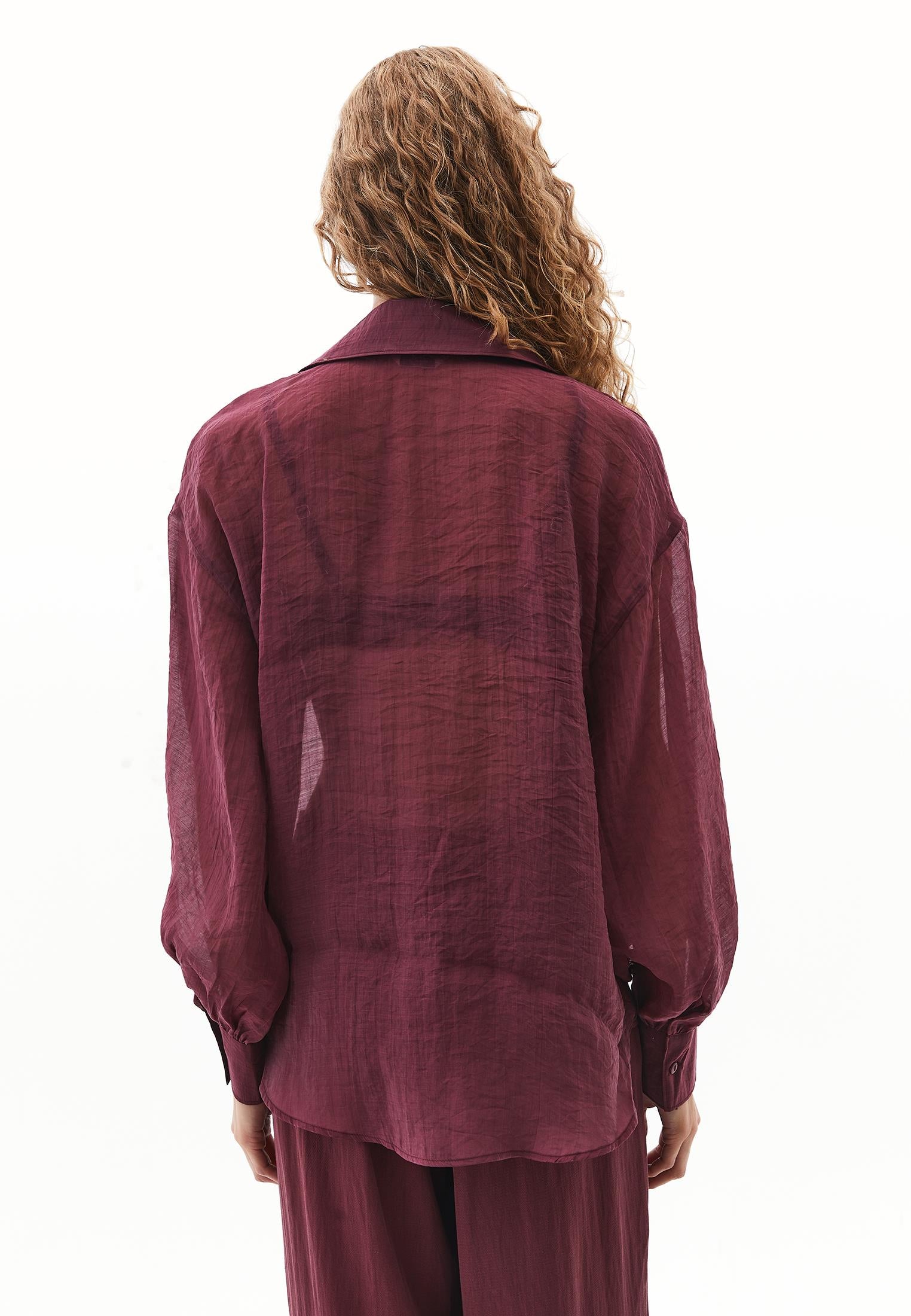 Loose Shirt With Balloon Sleeves And Pocket Detail - BURGUNDY