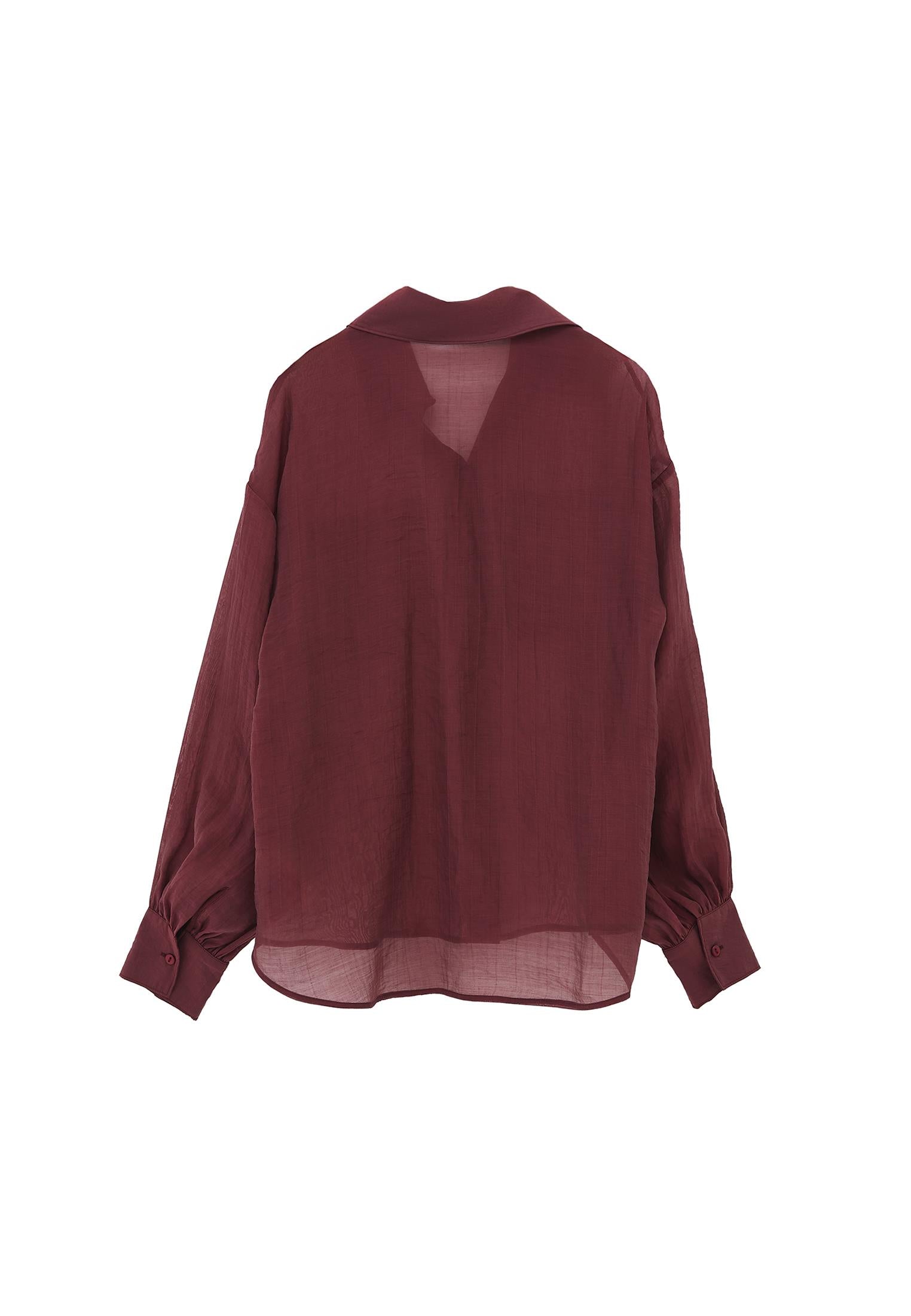 Loose Shirt With Balloon Sleeves And Pocket Detail - BURGUNDY