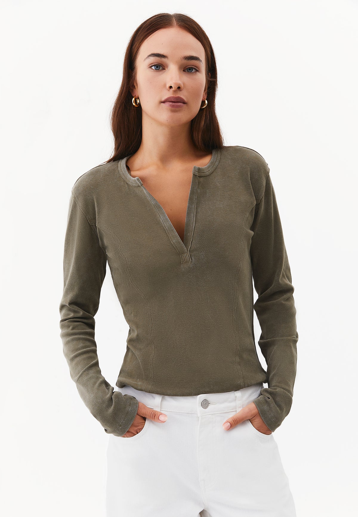V-Neck Cut-Out Long Sleeve T-Shirt - BURNT OLIVE
