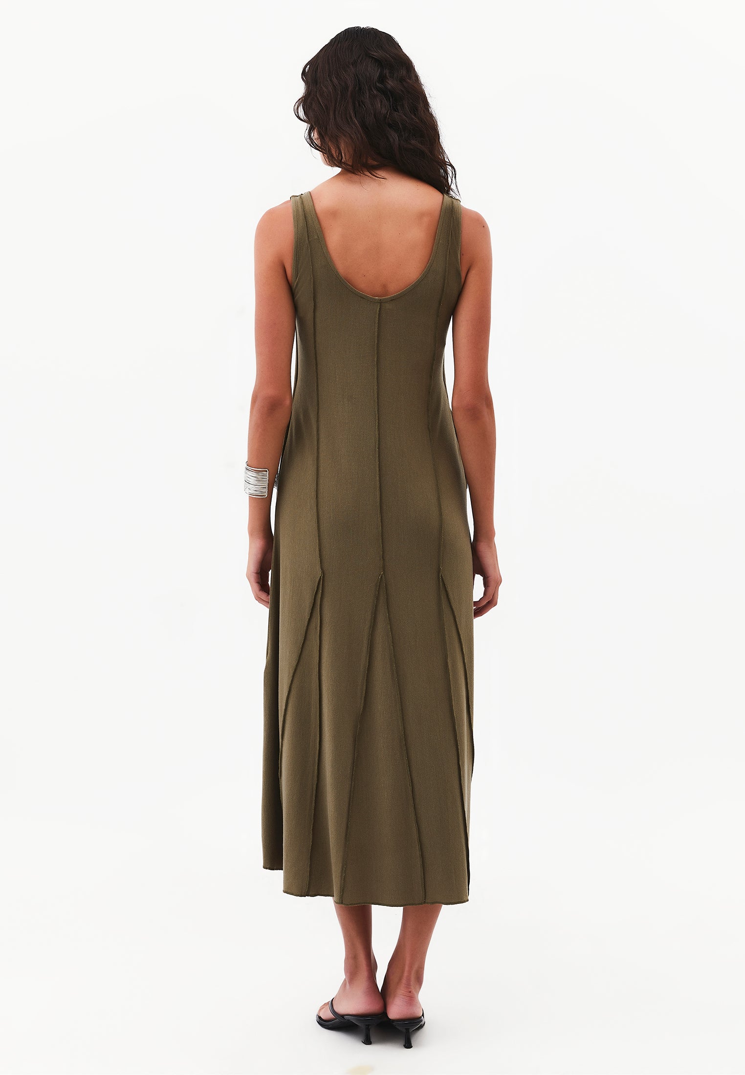 Long Dress with U-Neck and A-Line - BURNT OLIVE