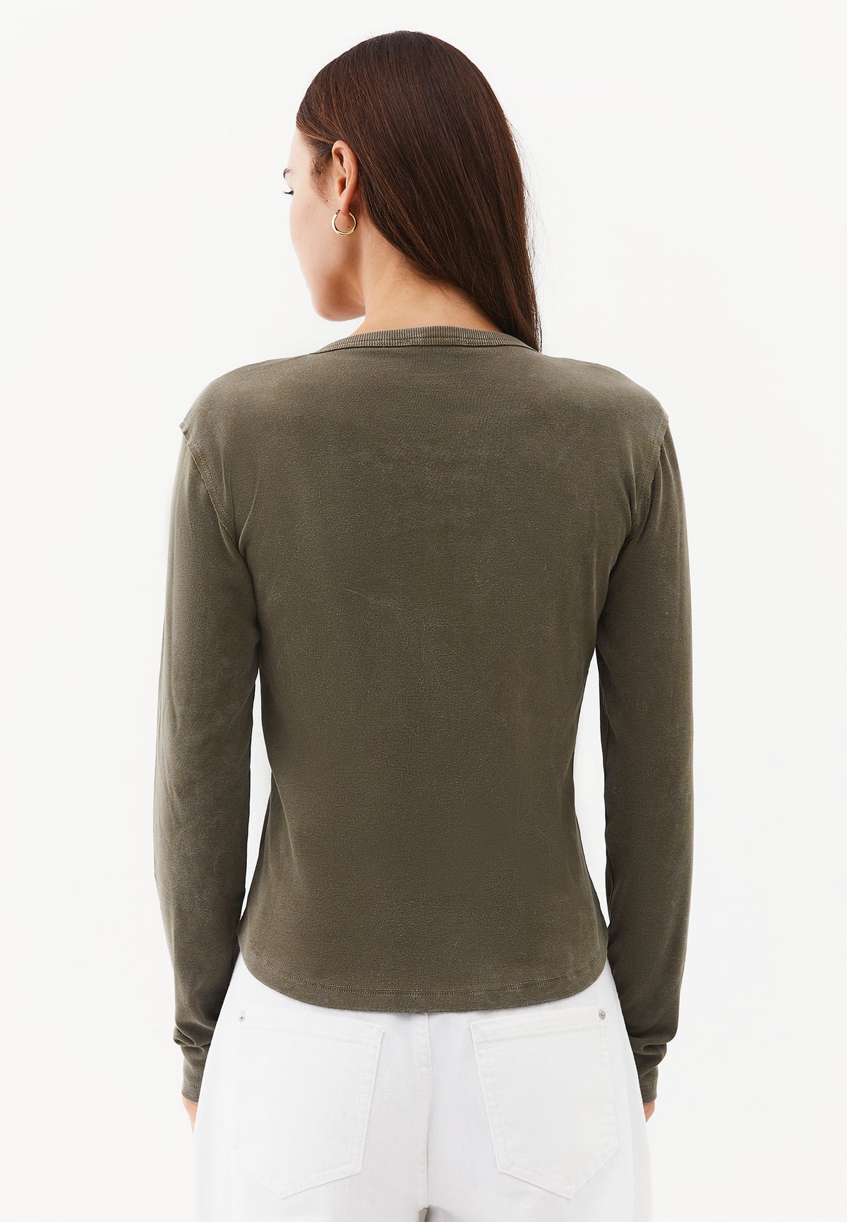 V-Neck Cut-Out Long Sleeve T-Shirt - BURNT OLIVE