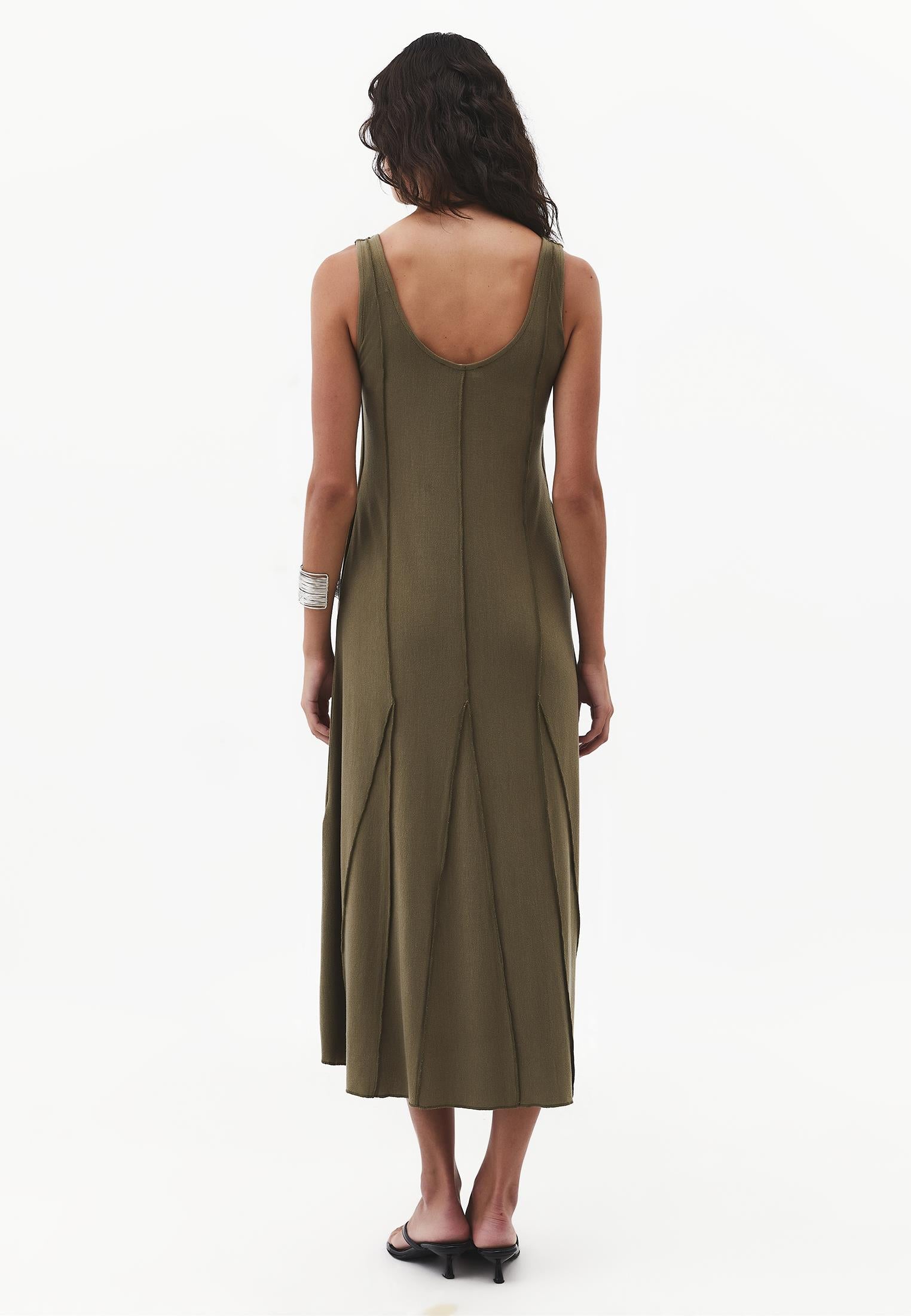 Long Dress with U-Neck and A-Line - BURNT OLIVE