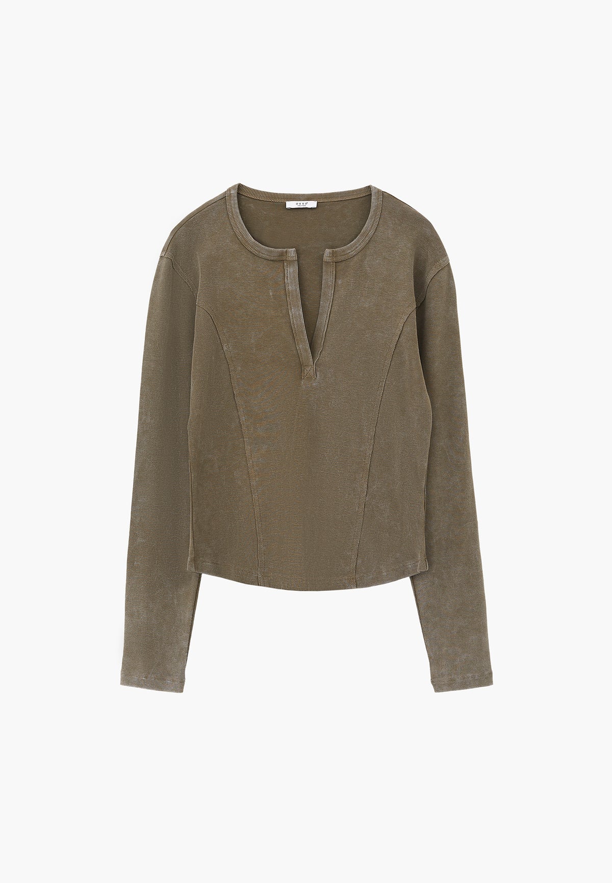 V-Neck Cut-Out Long Sleeve T-Shirt - BURNT OLIVE
