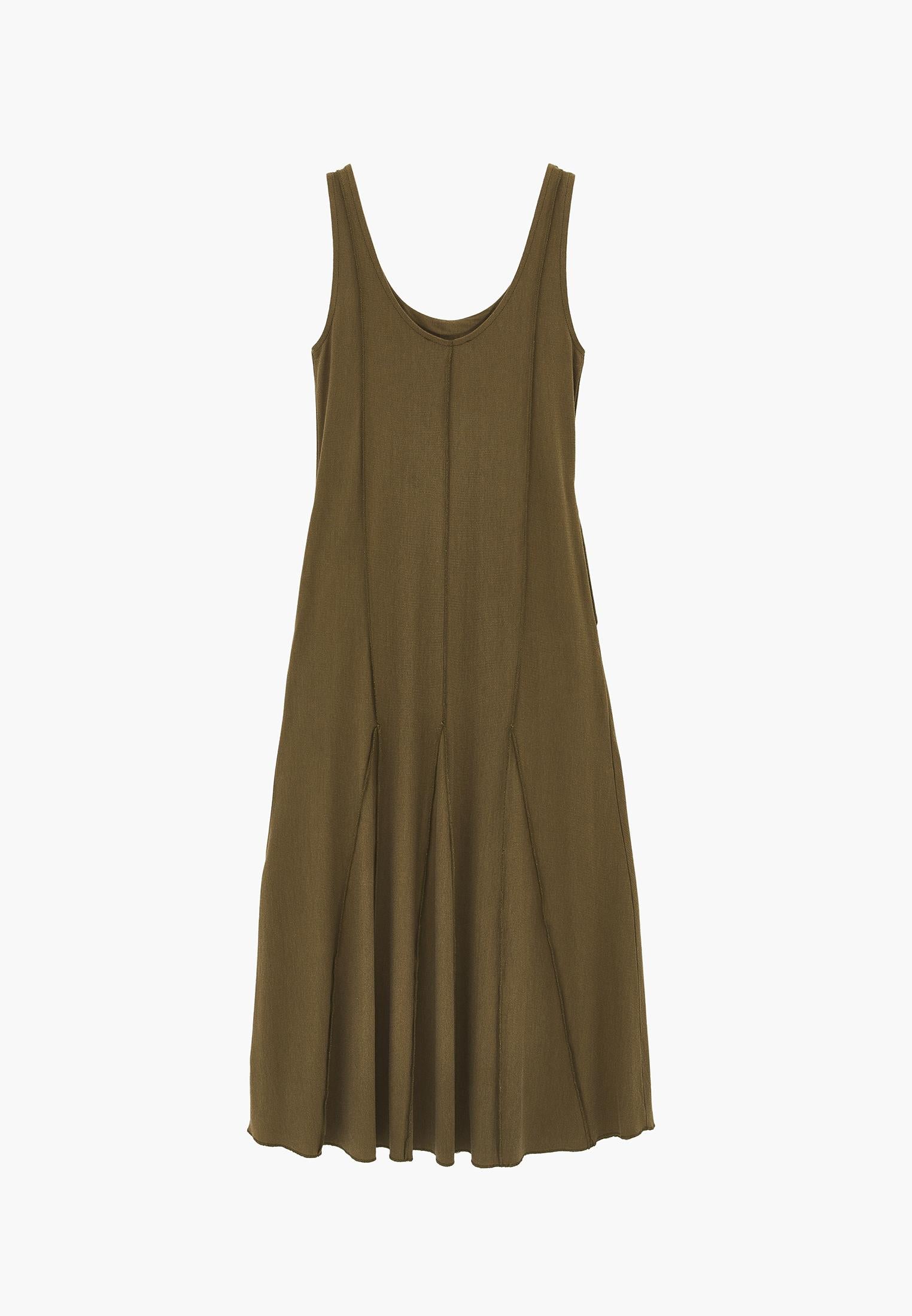 Long Dress with U-Neck and A-Line - BURNT OLIVE