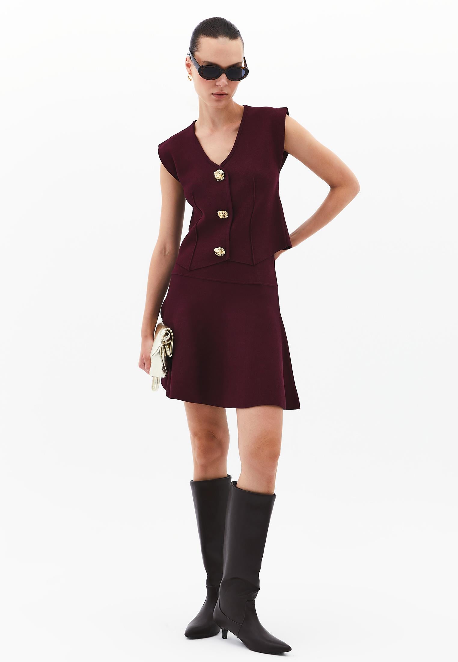 A-Line Short Knit Skirt - CABERNET