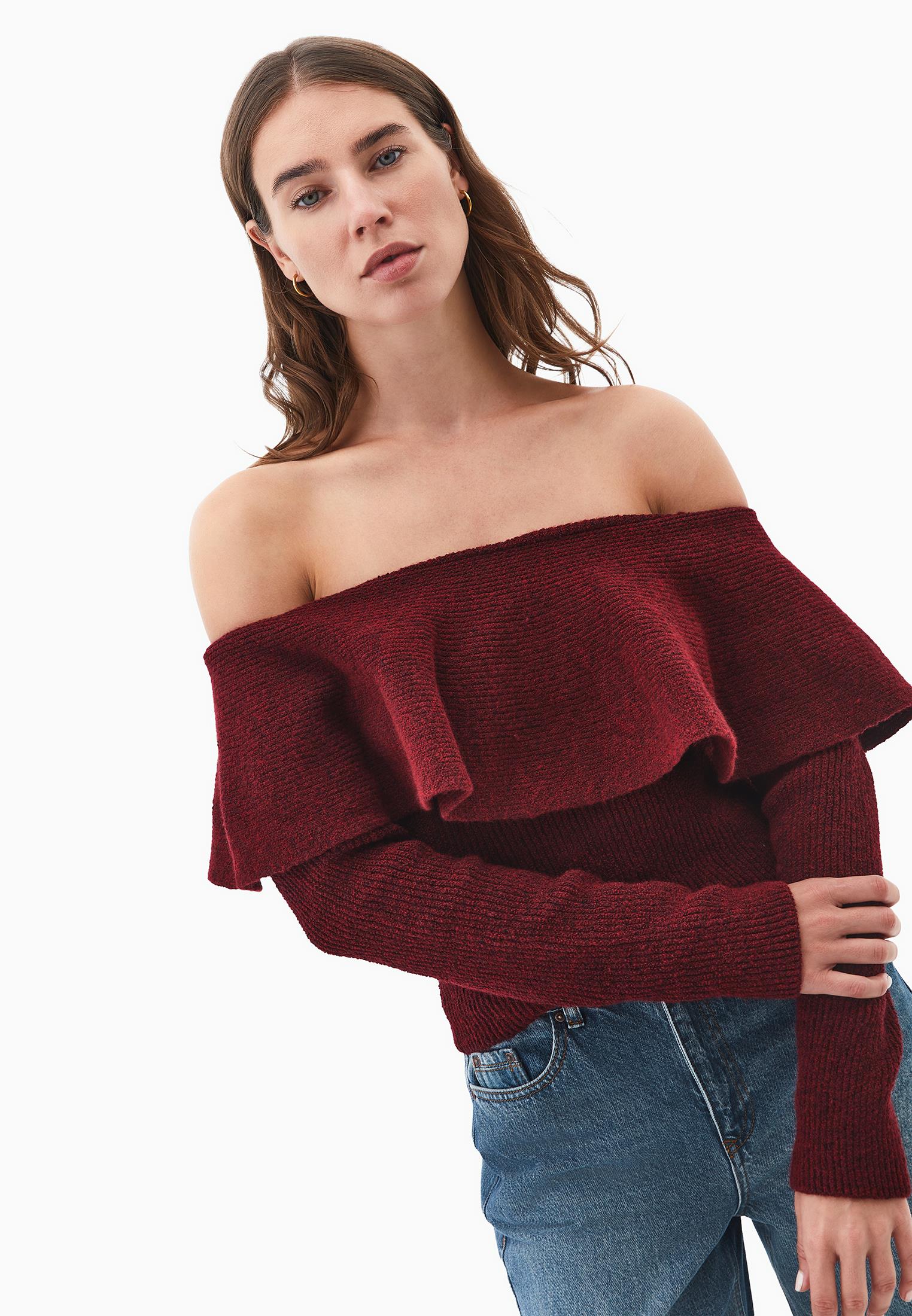 Dropped Shoulder Knit Sweater - CABERNET