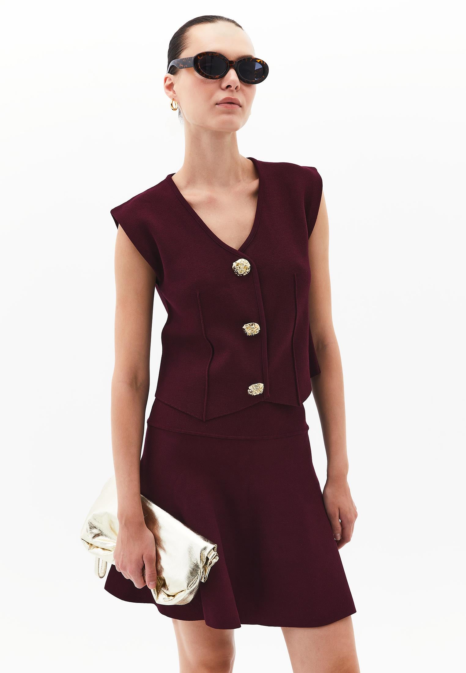 Midi Relaxed Fit Button Detailed Vest - CABERNET