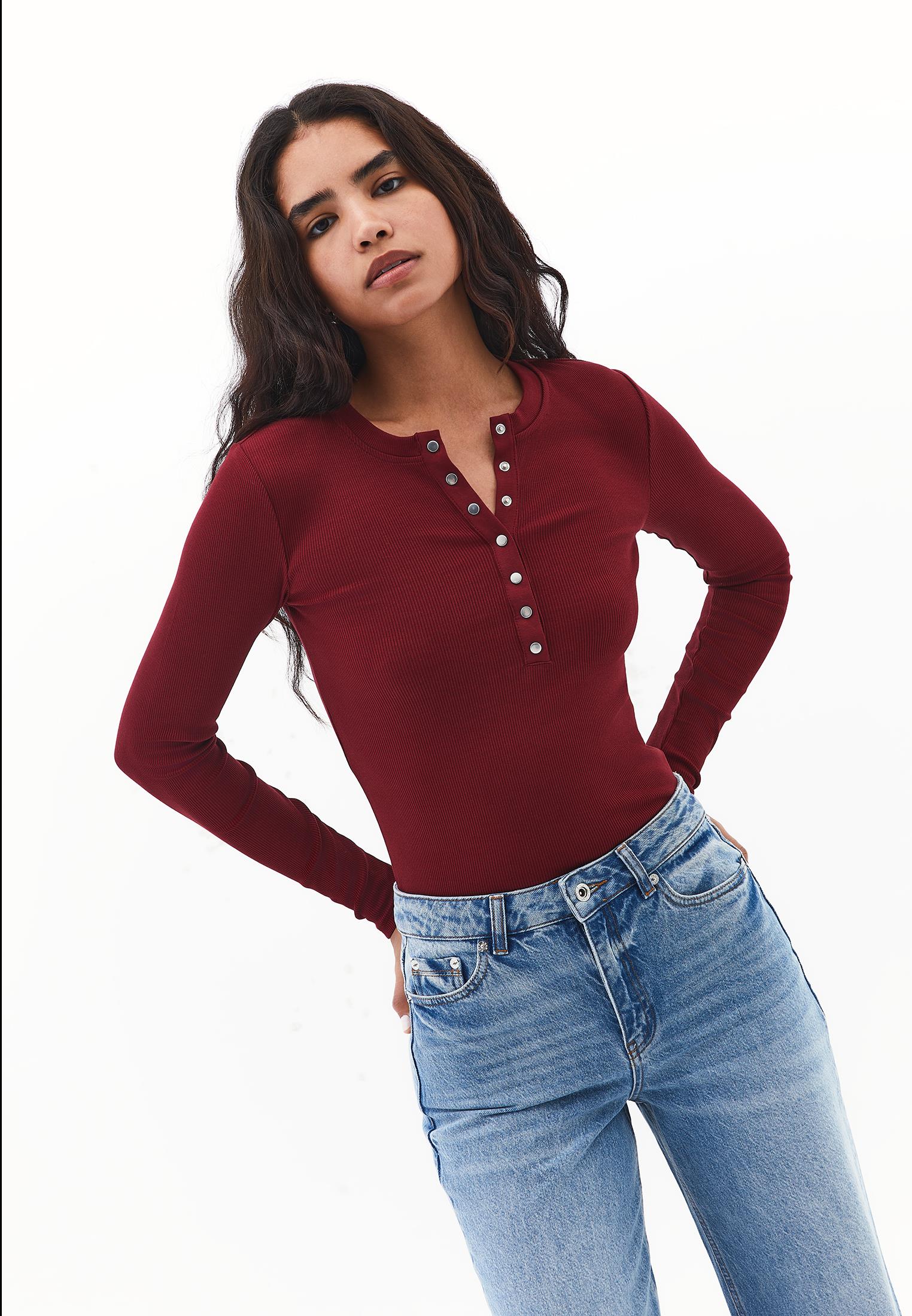Long Sleeve Crew Neck Bodycon T-Shirt - CABERNET