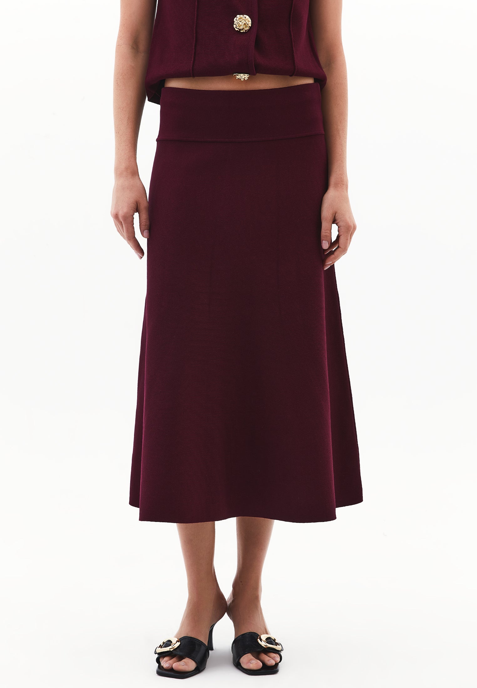 Long A-Line Skirt With Flounce Detail - CABERNET