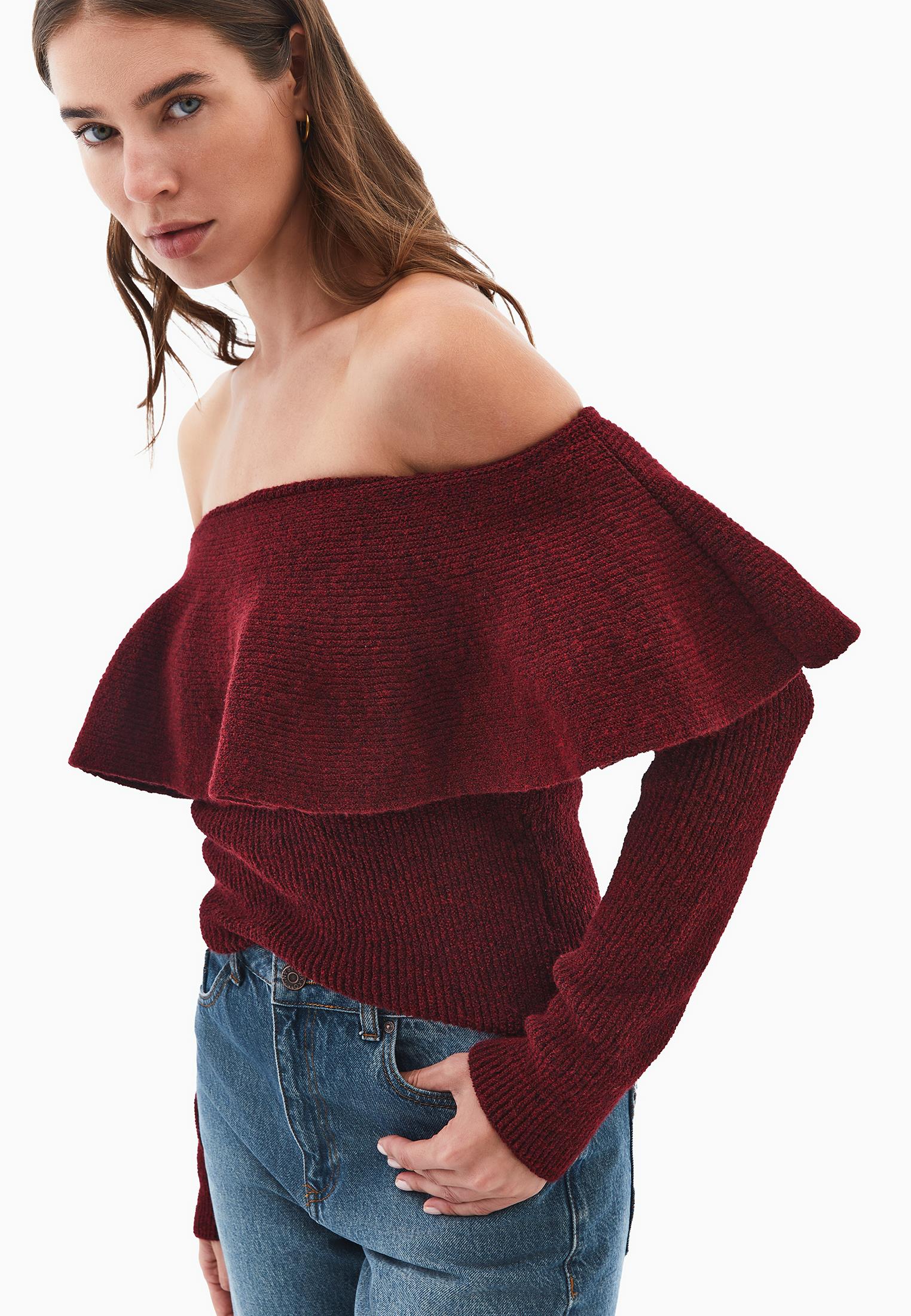 Dropped Shoulder Knit Sweater - CABERNET