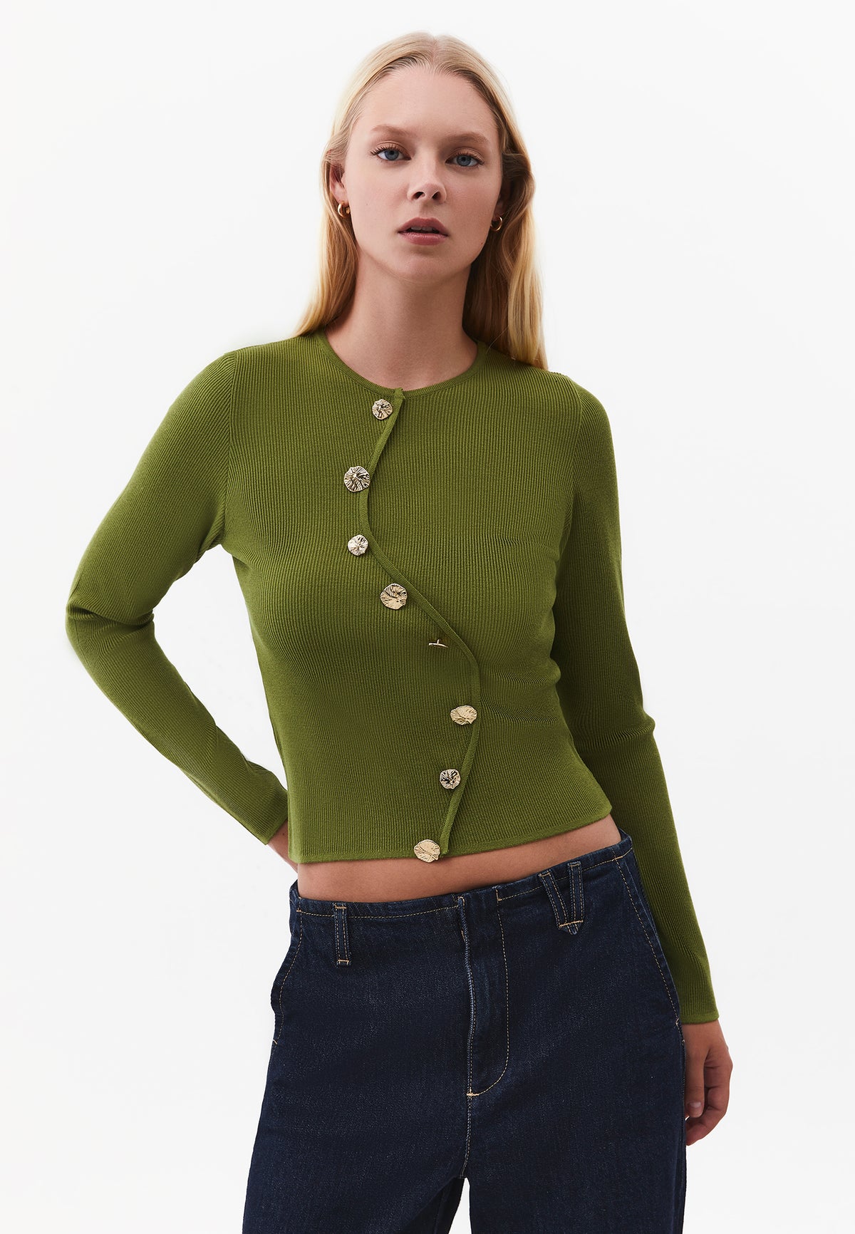 Crew Neck Long Sleeve Cardigan - CALLA GREEN
