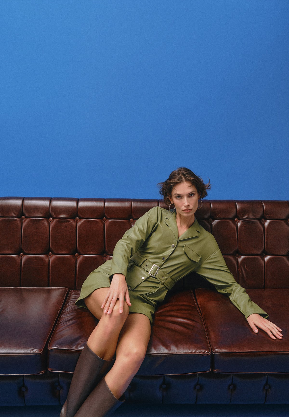 Faux Leather Dress With Wrap Collar, Belt Detail And Pockets - CALLISTE GREEN