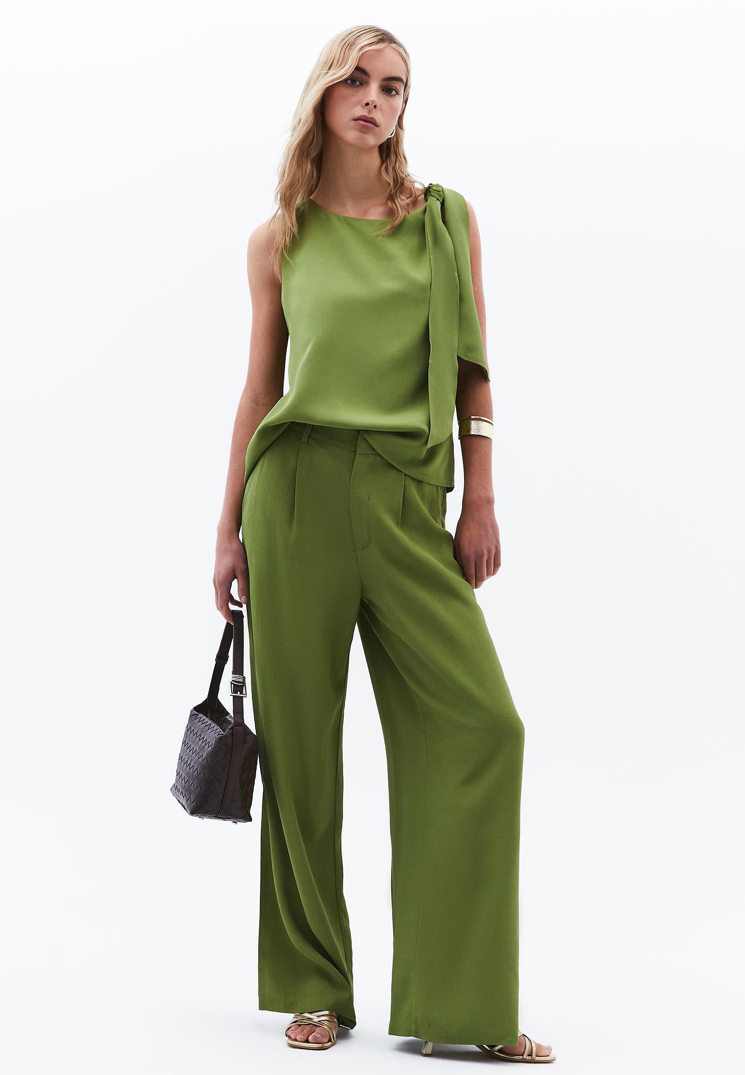 Long Wide Leg Slit Detailed Pants - CALLISTE GREEN