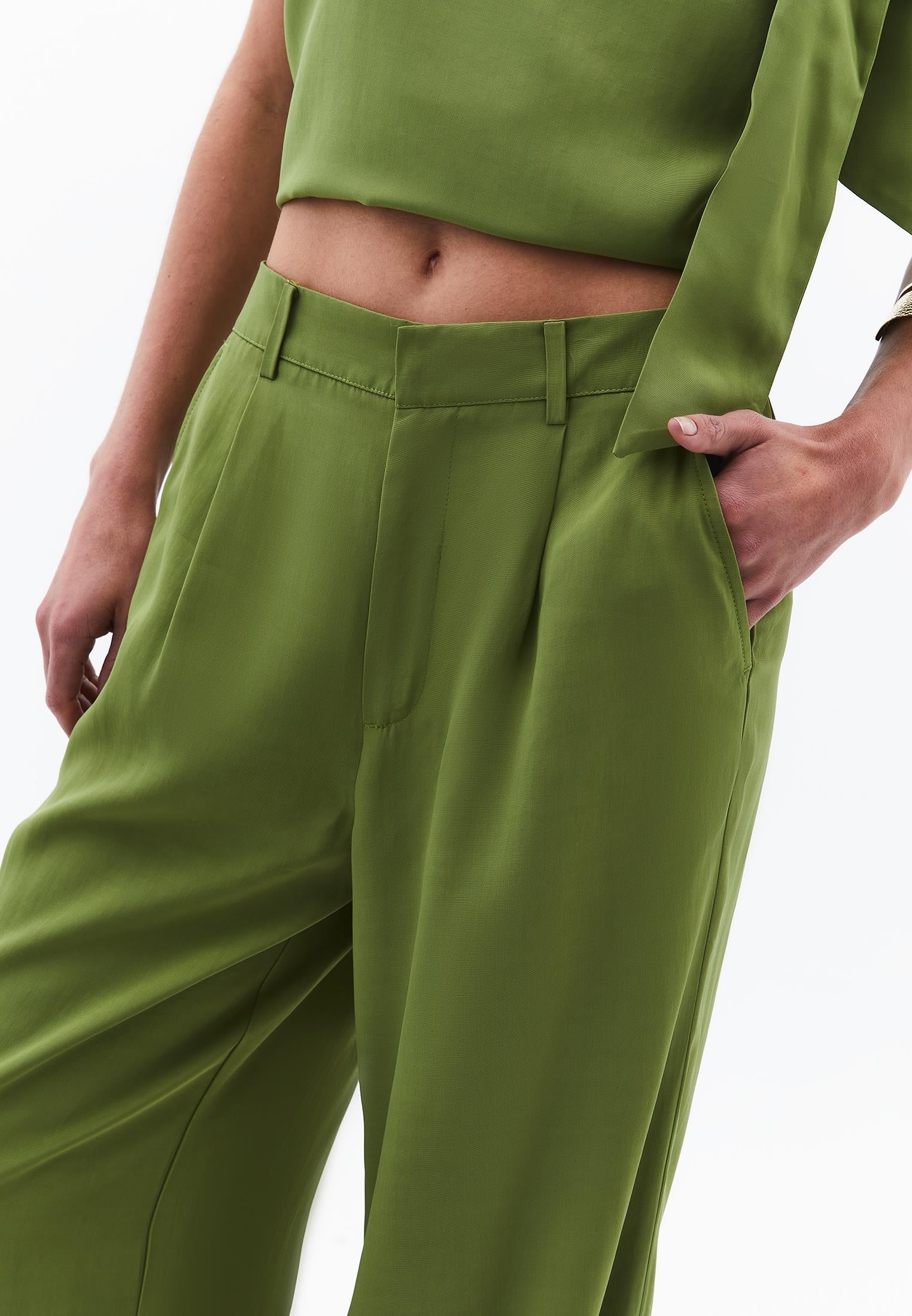 Long Wide Leg Slit Detailed Pants - CALLISTE GREEN