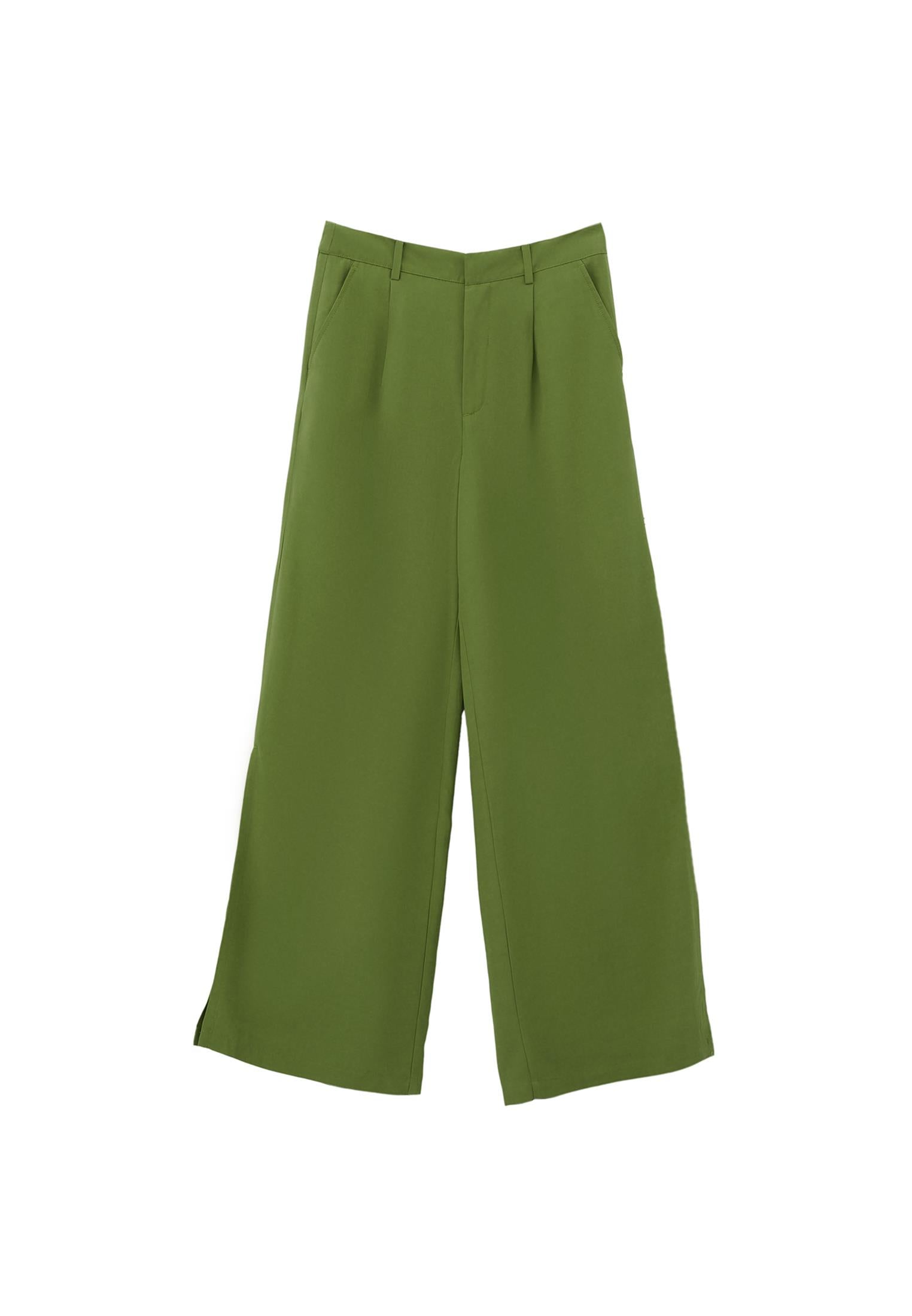 Long Wide Leg Slit Detailed Pants - CALLISTE GREEN