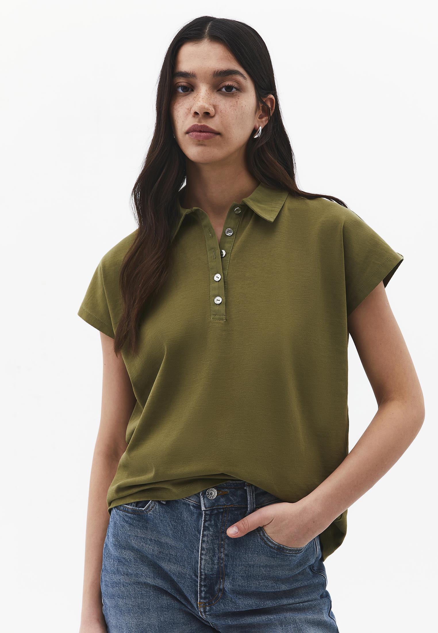 Button Detailed Polo Neck T-Shirt - CAPULET OLIVE