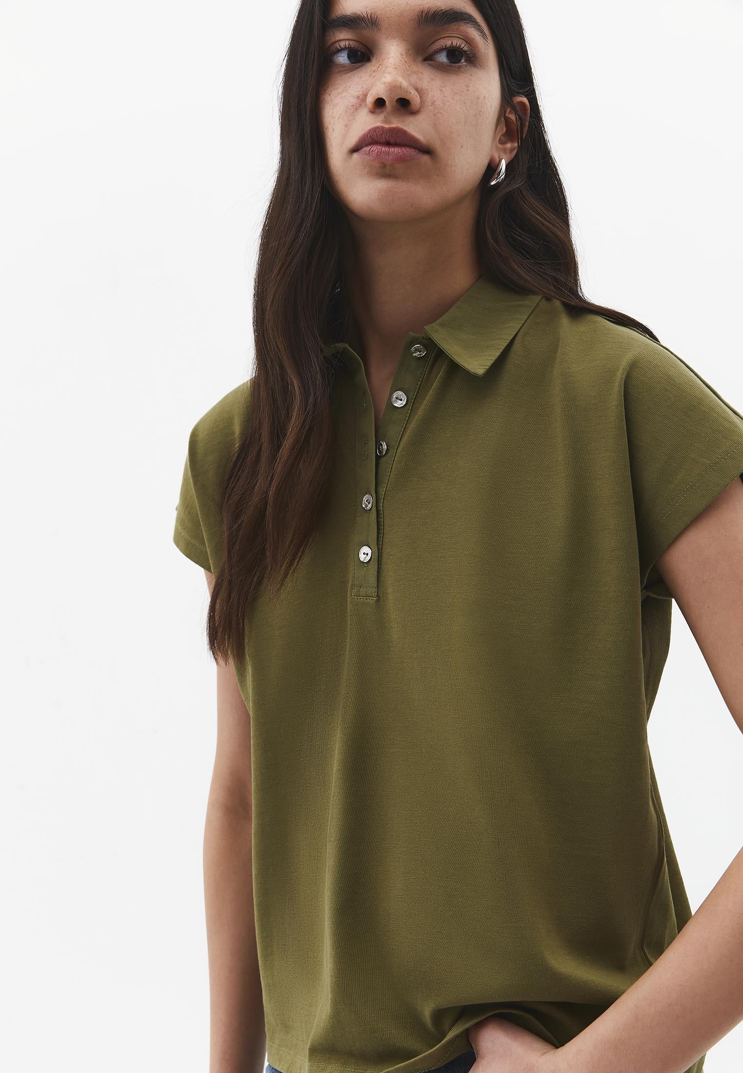 Button Detailed Polo Neck T-Shirt - CAPULET OLIVE