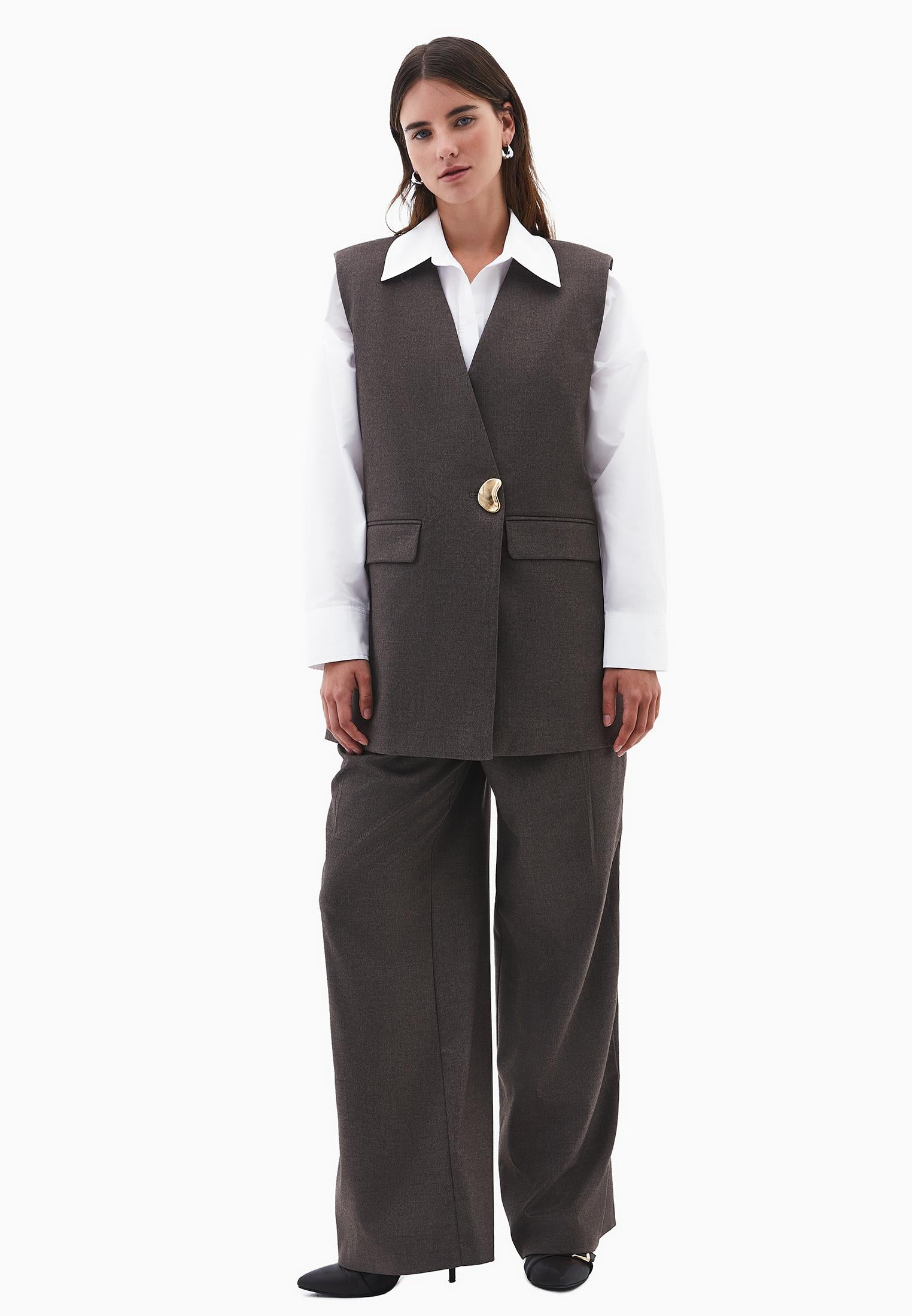 V Neck Button Detailed Oversize Vest - CARAFE MELANGE