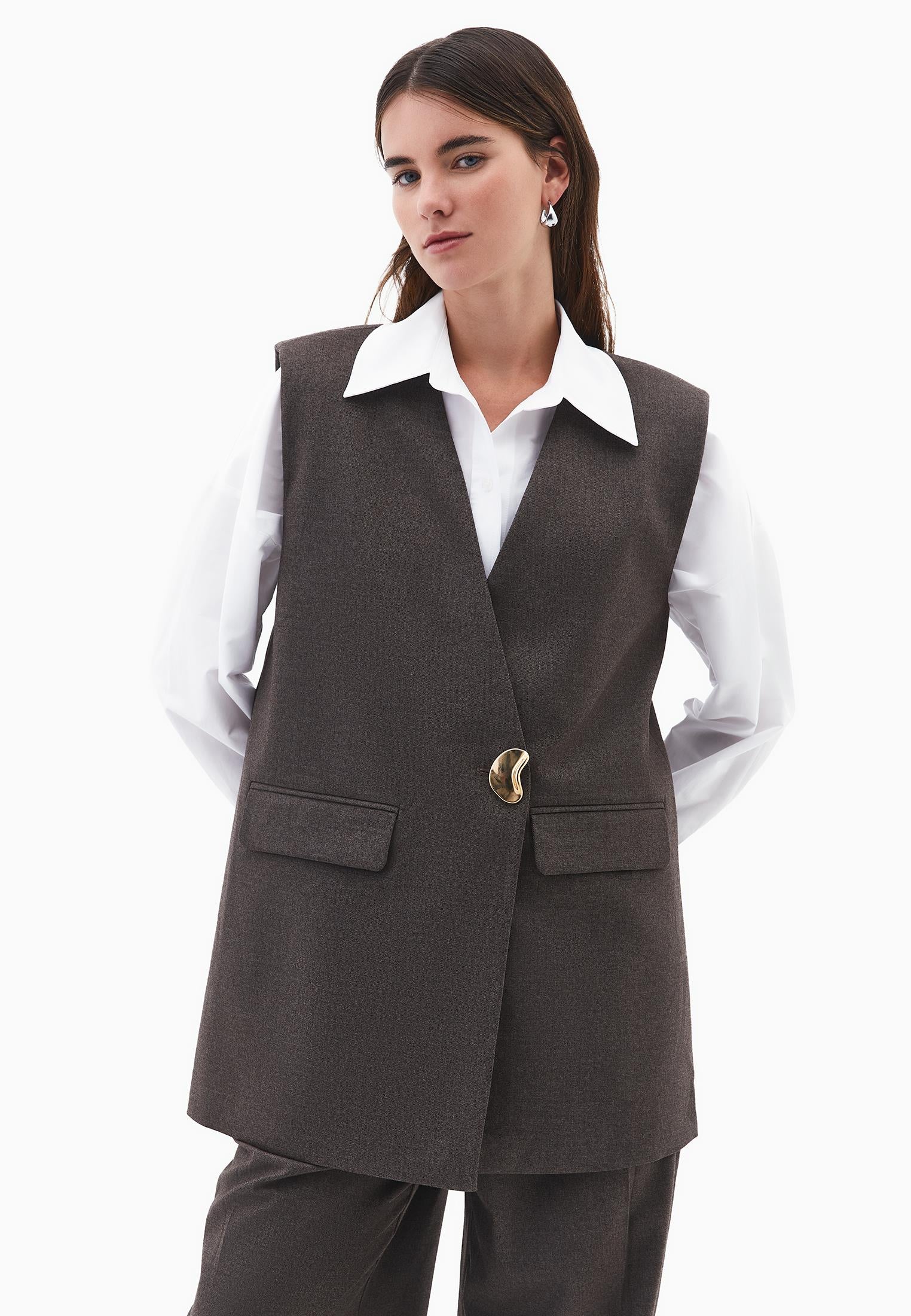 V Neck Button Detailed Oversize Vest - CARAFE MELANGE