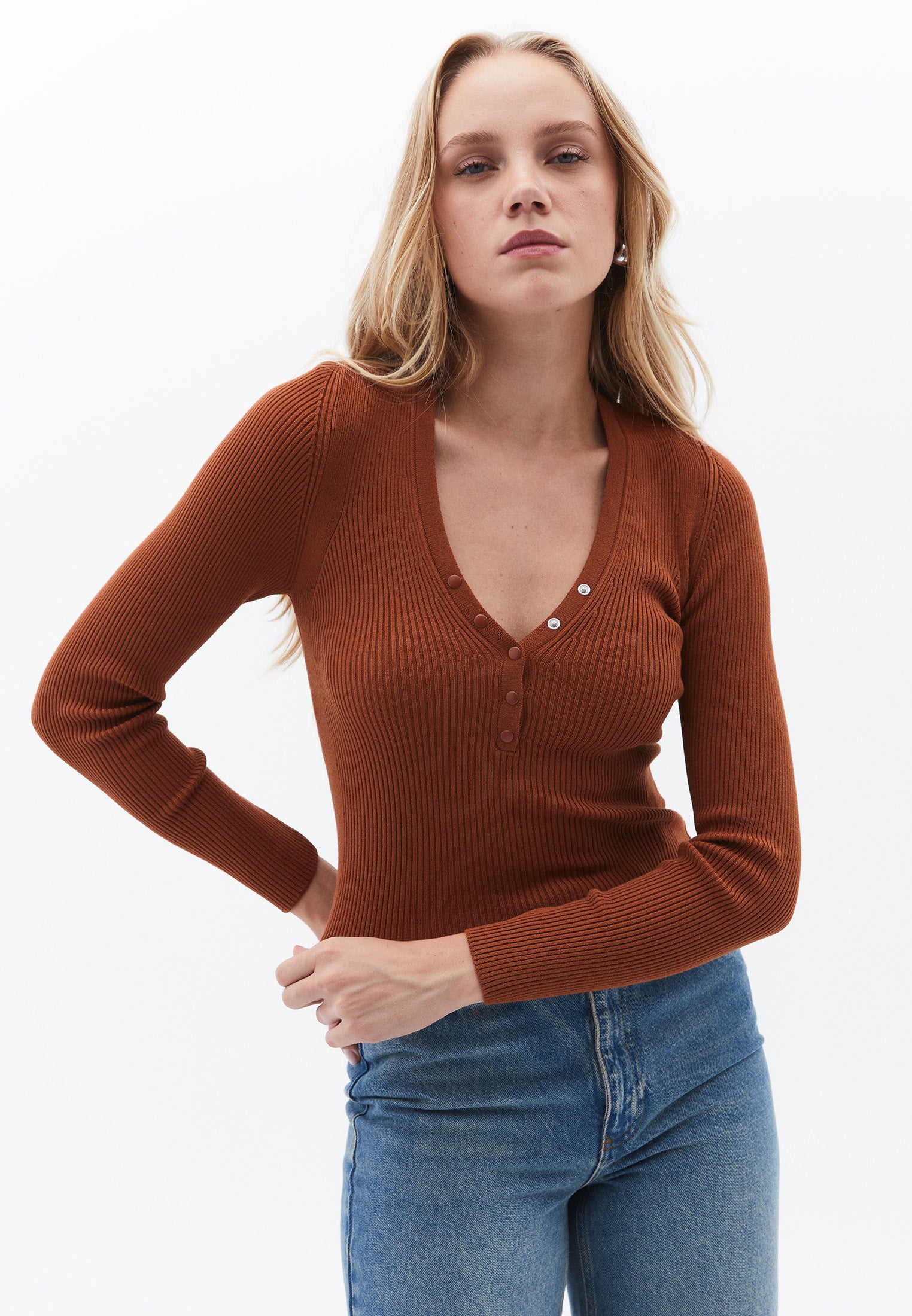 V Neck Long Sleeve Sweater - CARAMEL CAFE